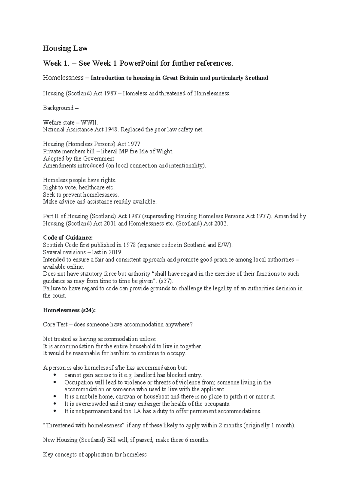WEEK 1 Notes - Housing Law Week 1. – See Week 1 PowerPoint for further ...