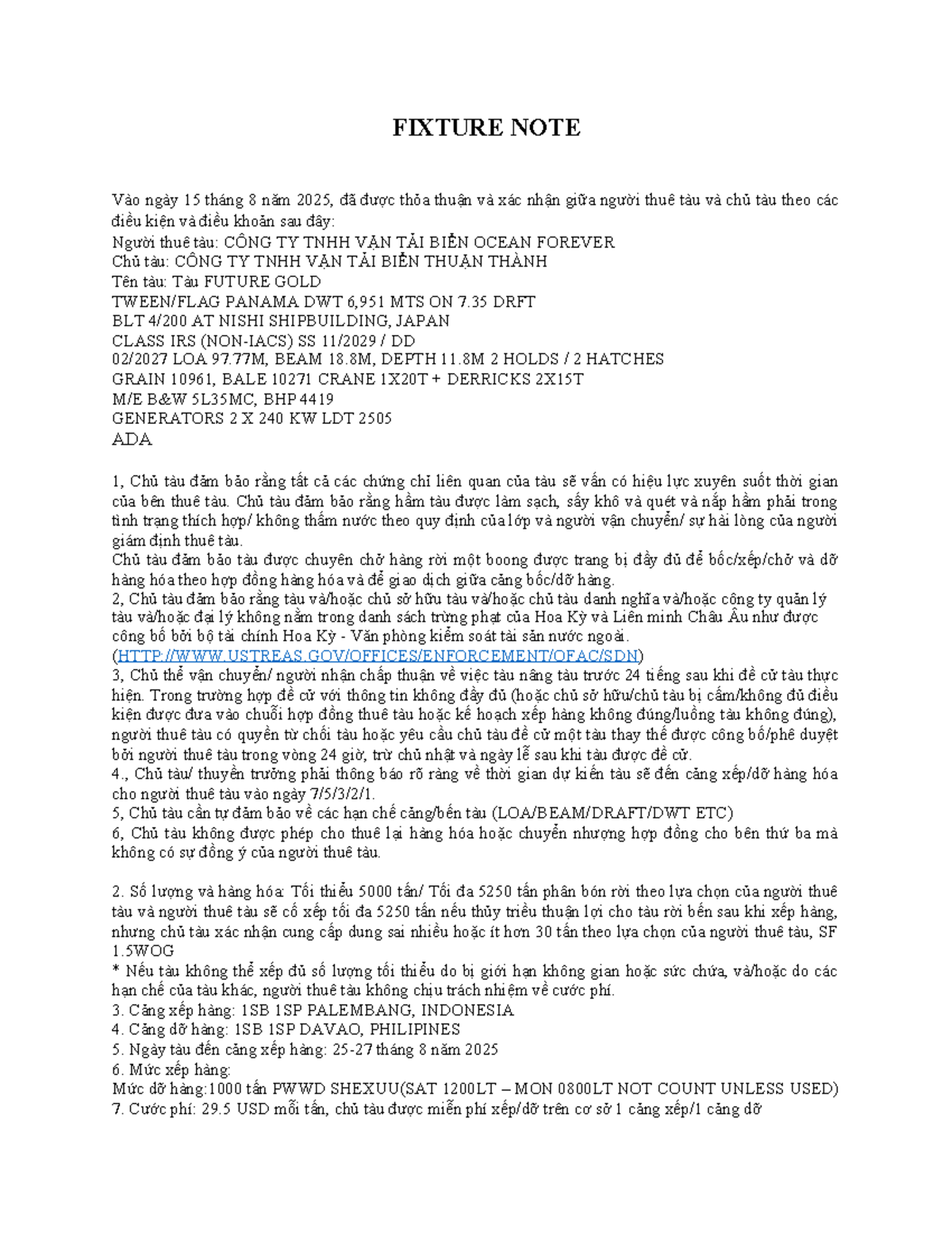 Fixture Note for Future GOLD - Charter Agreement Details - Studocu