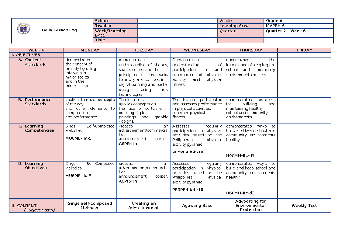 DLL Mapeh Q2 W7 - Daily Lesson Log School Grade Grade 6 Teacher ...