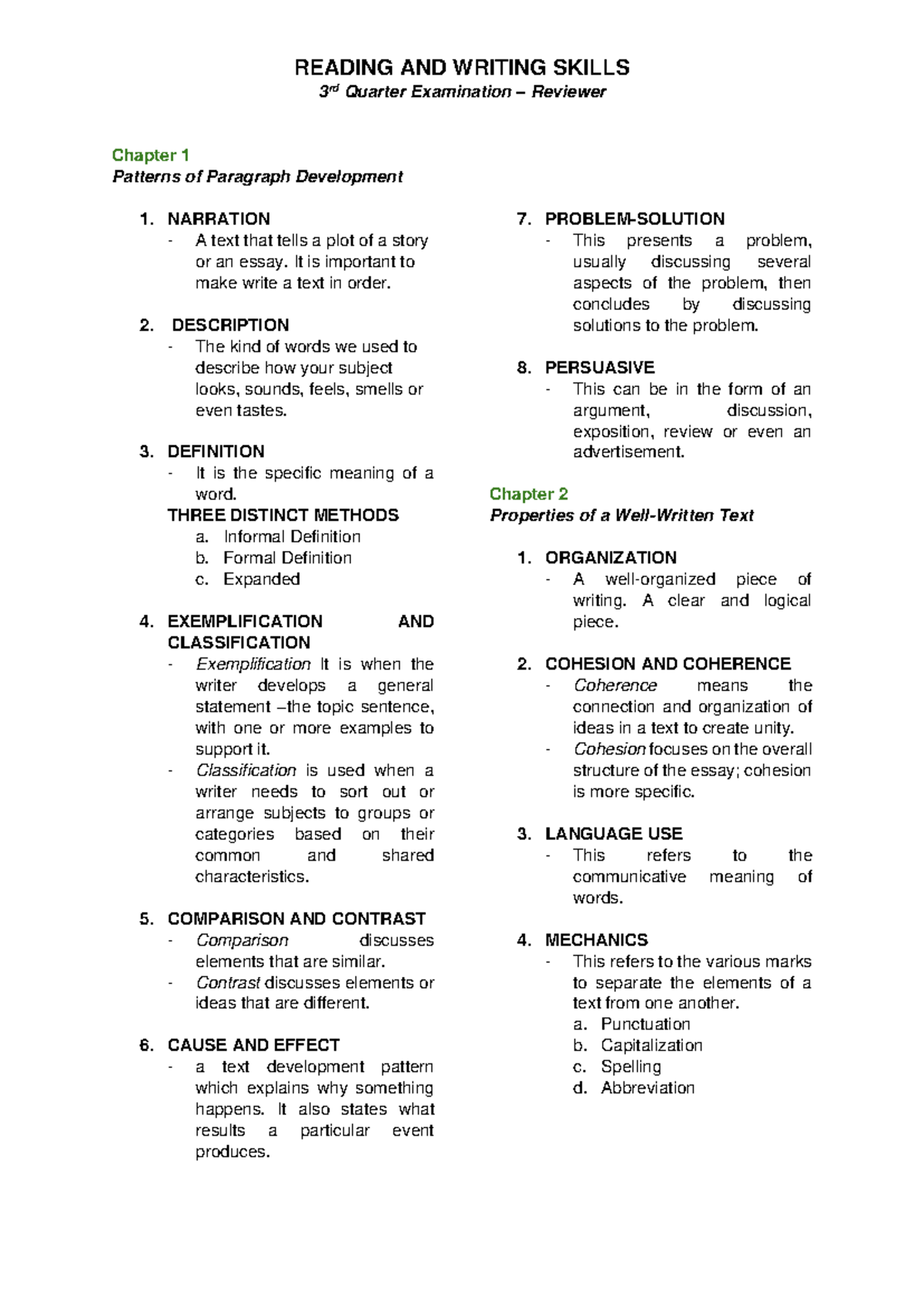 RWS-3rd-Qtr-Exam Reviewer: Paragraph Development & Writing Skills - Studocu