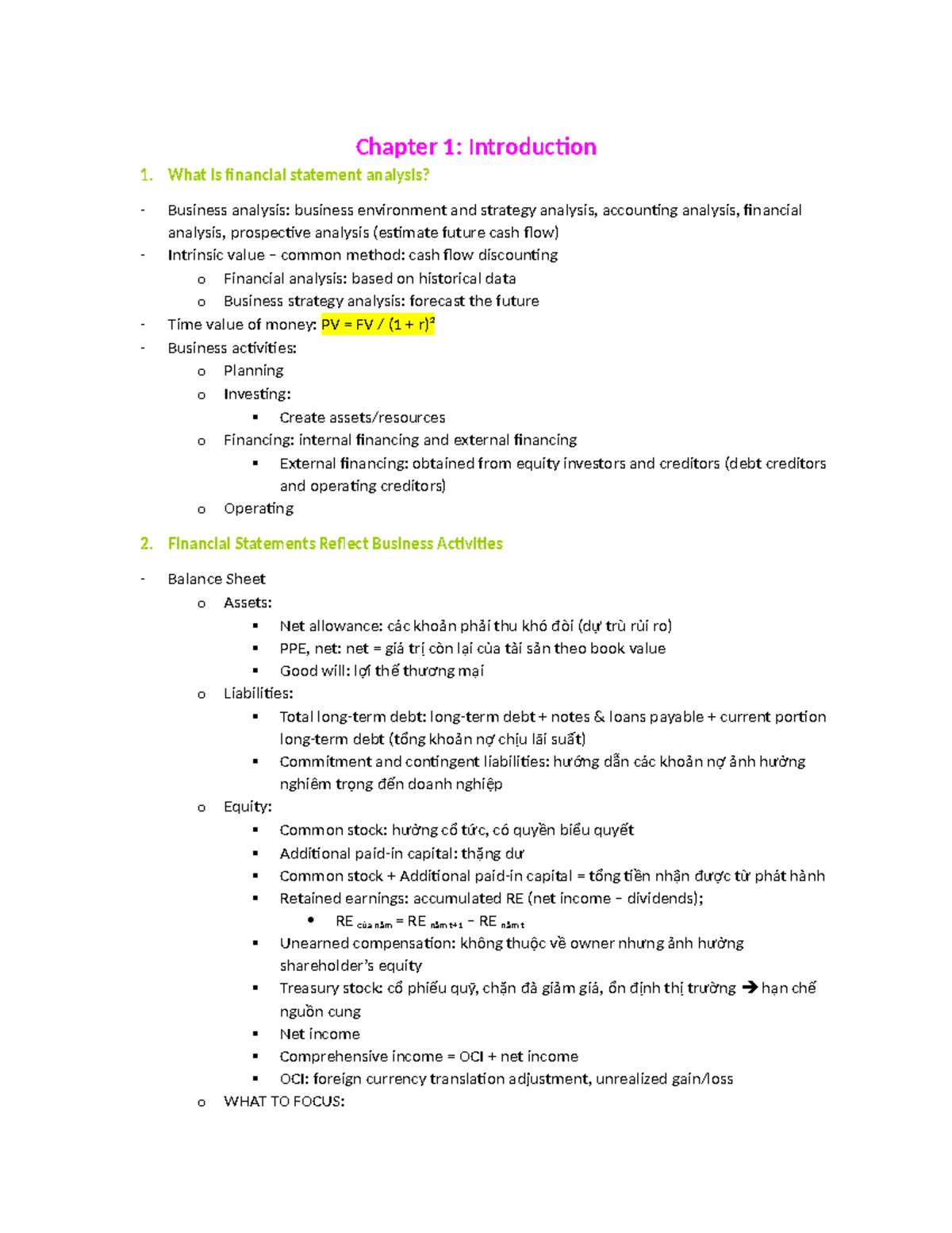 Note - Financial Statement Analysis Outline for FSA Class - Studocu