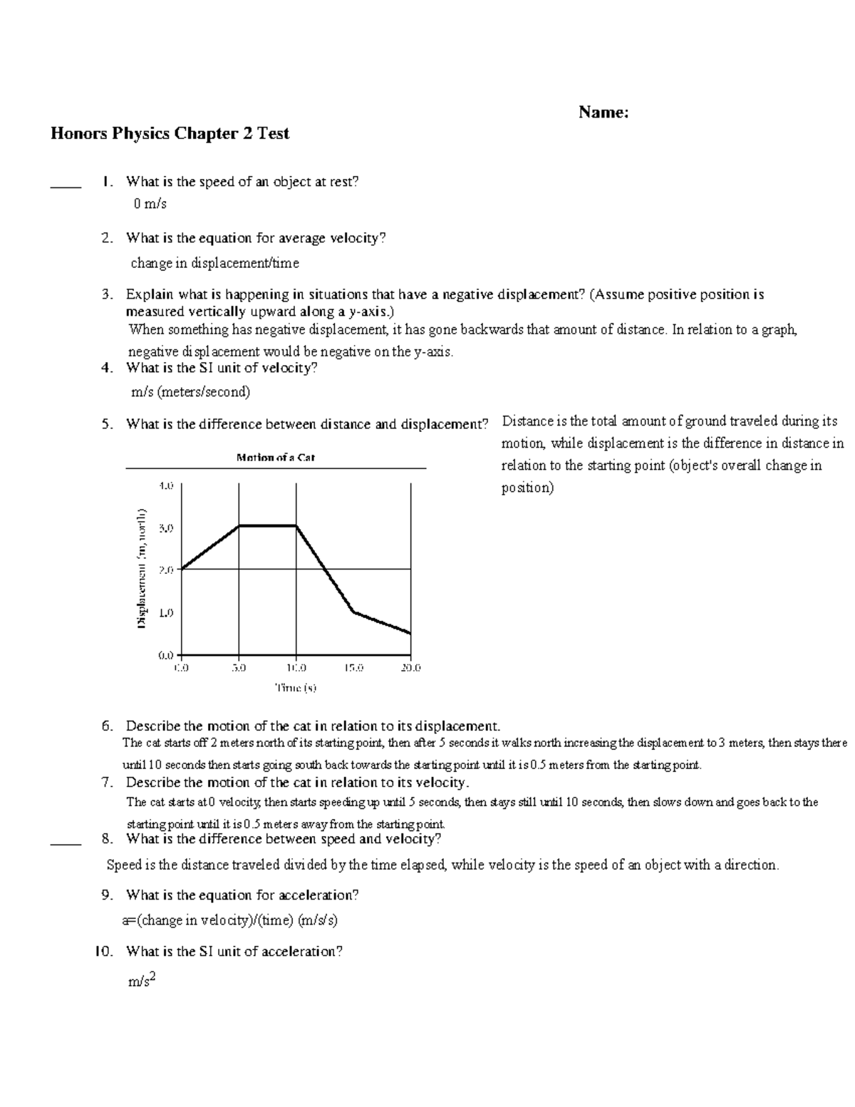Honors Physics CH2 Practice Test: Velocity, Acceleration & Displacement ...