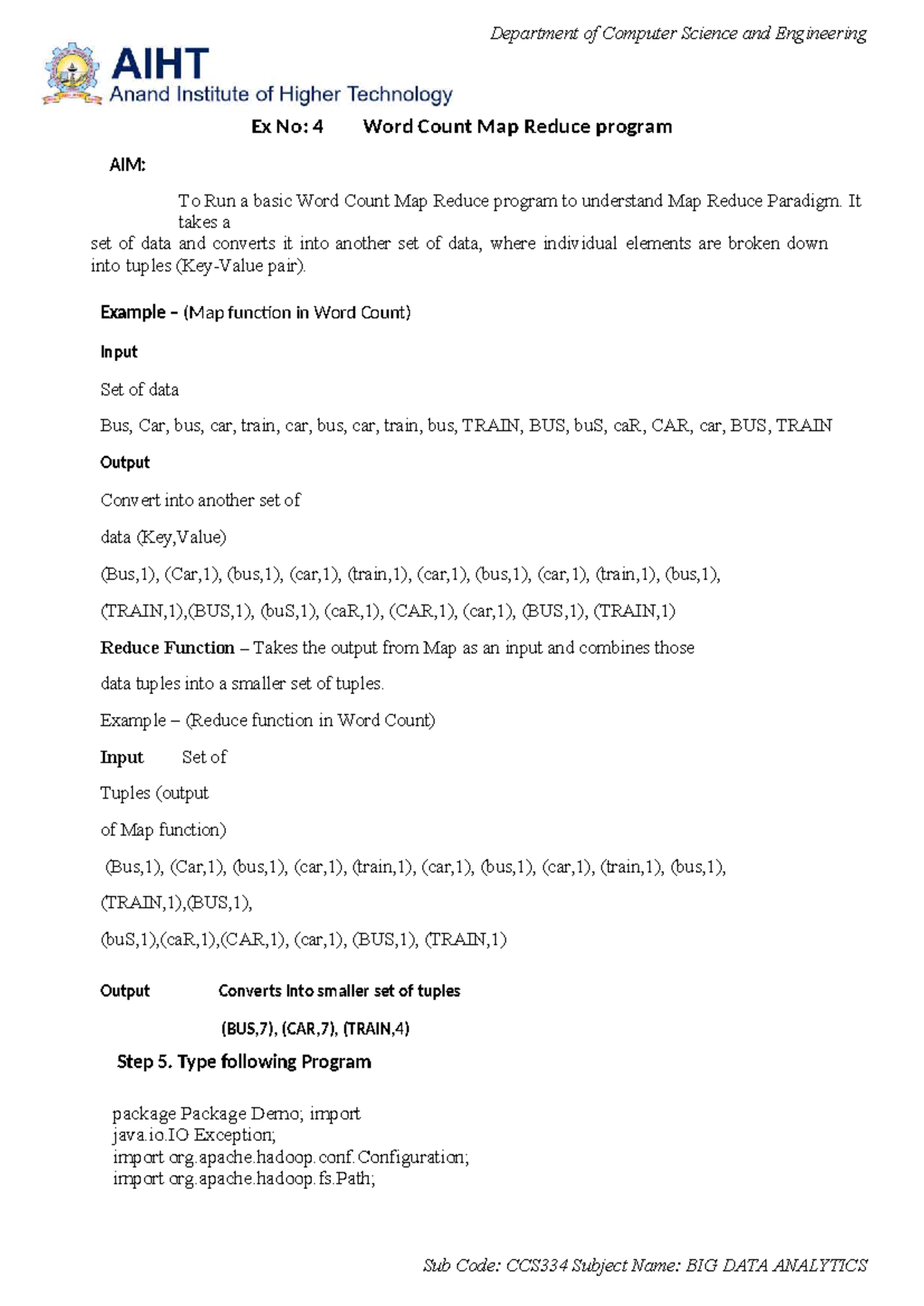 Ex No: 4 - Word Count Map Reduce Program (CCS334) - Studocu