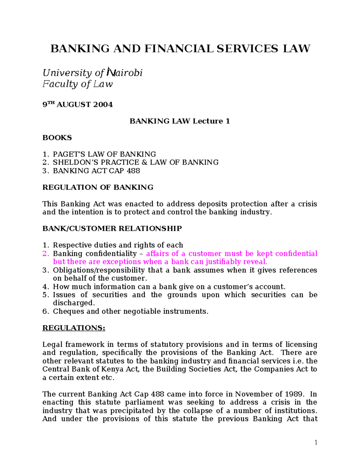 Banking Law Lecture Notes - University of Nairobi (2004) - Studocu