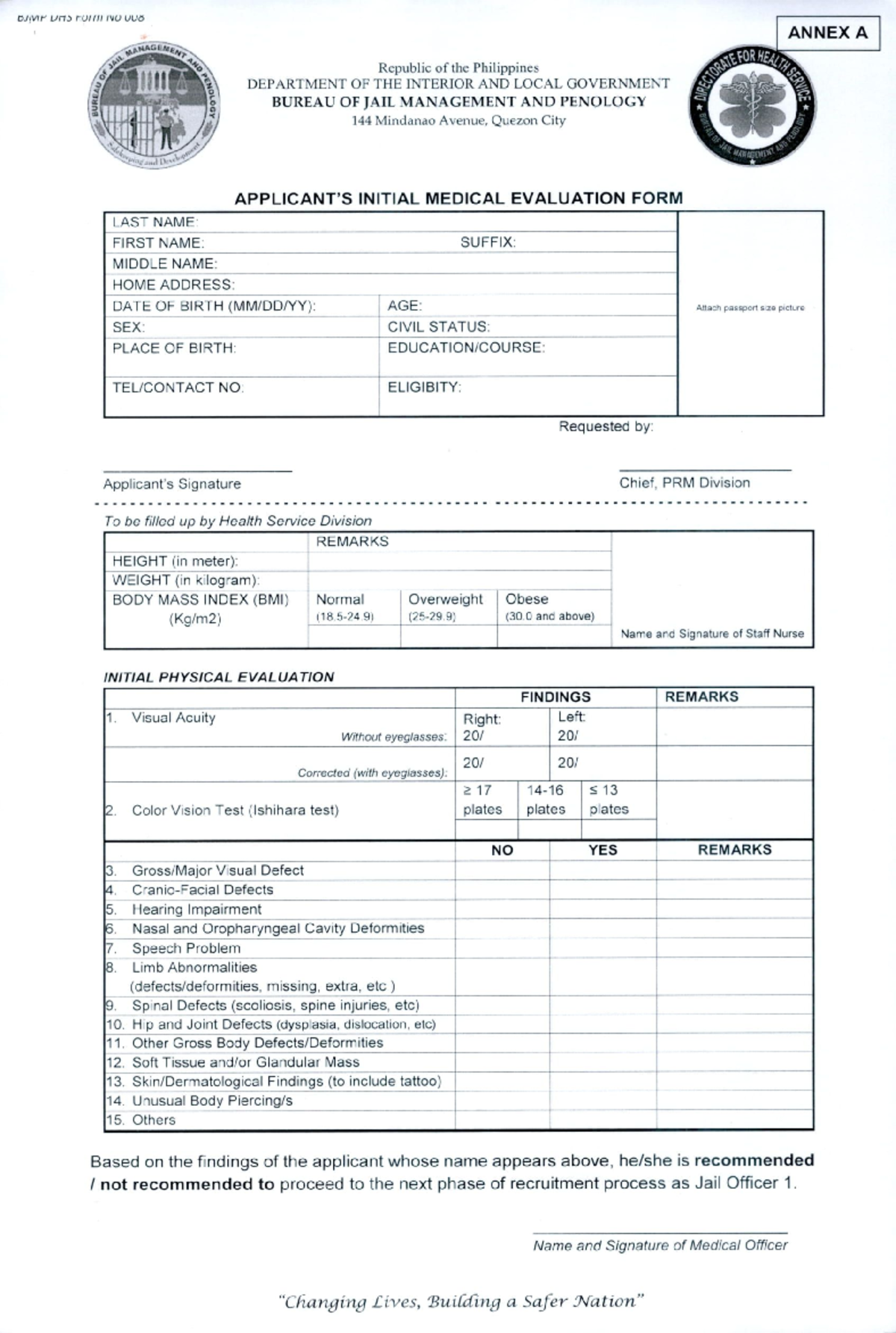 DJIVIP UHS Form NO UU8: Initial Medical Evaluation for Jail Officer ...