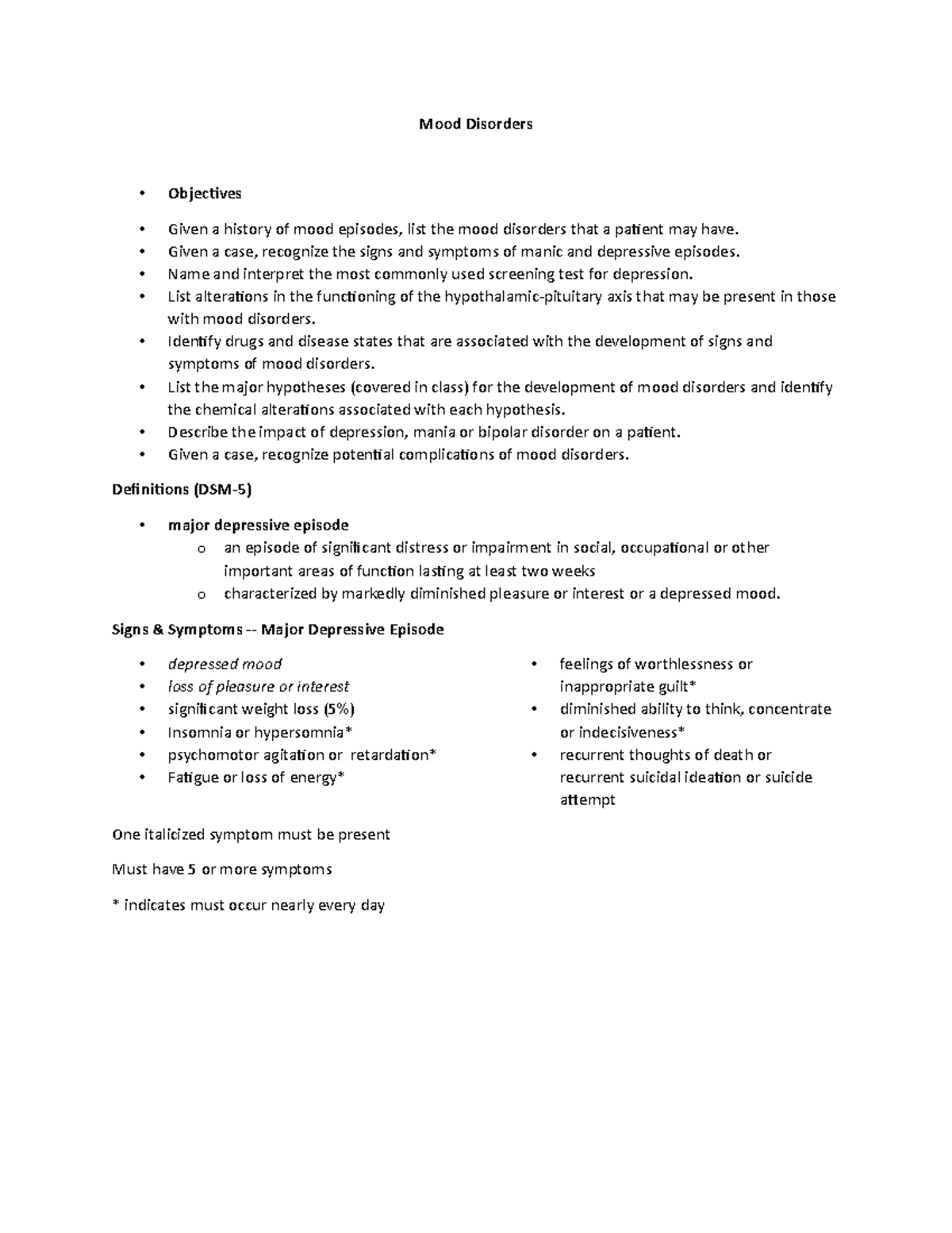 Mood Disorders (PSY 201) - Key Notes from Lecture & PowerPoint Summary ...