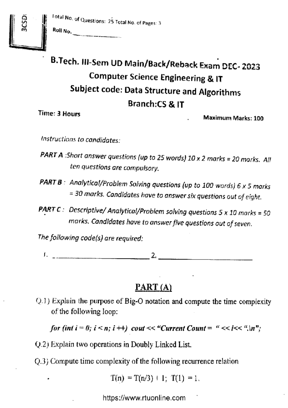 B.Tech CS IT 3rd Sem Data Structures & Algorithms Exam Dec 2023 - Studocu