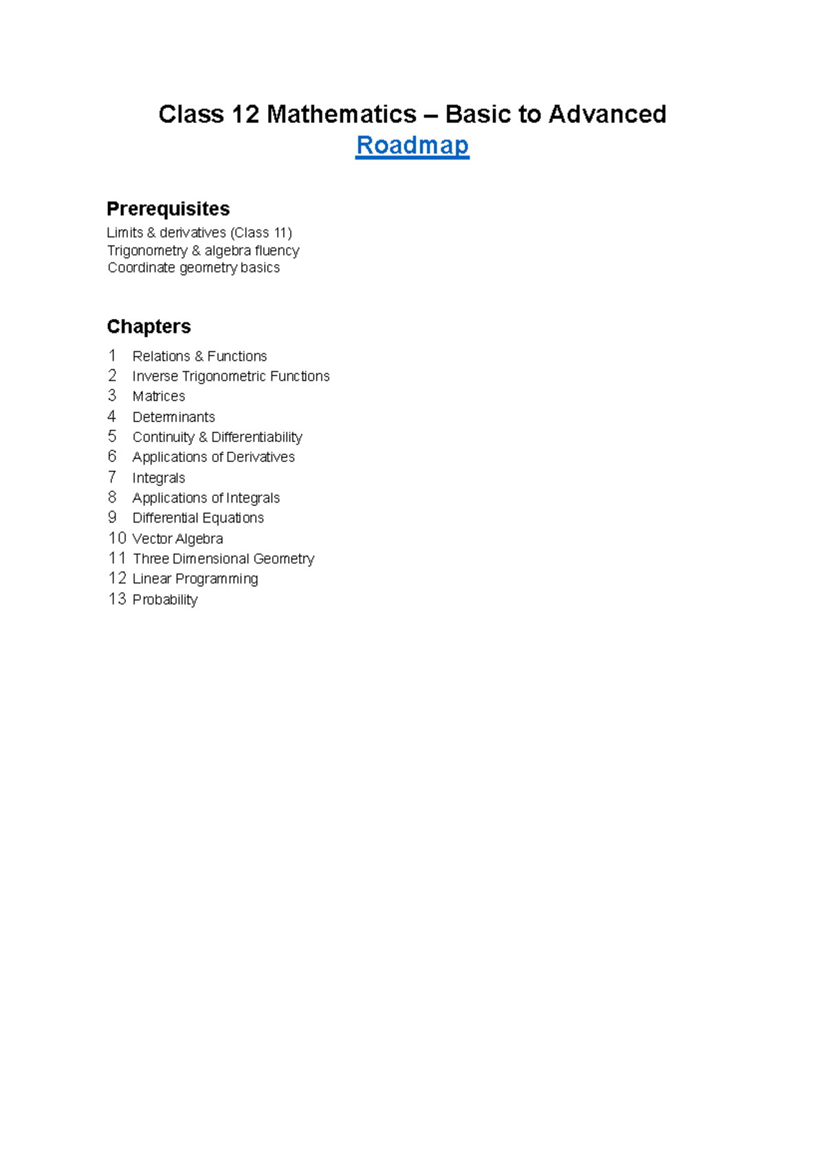 Class 12 Maths Roadmap - GOOD - Class 12 Mathematics – Basic to ...