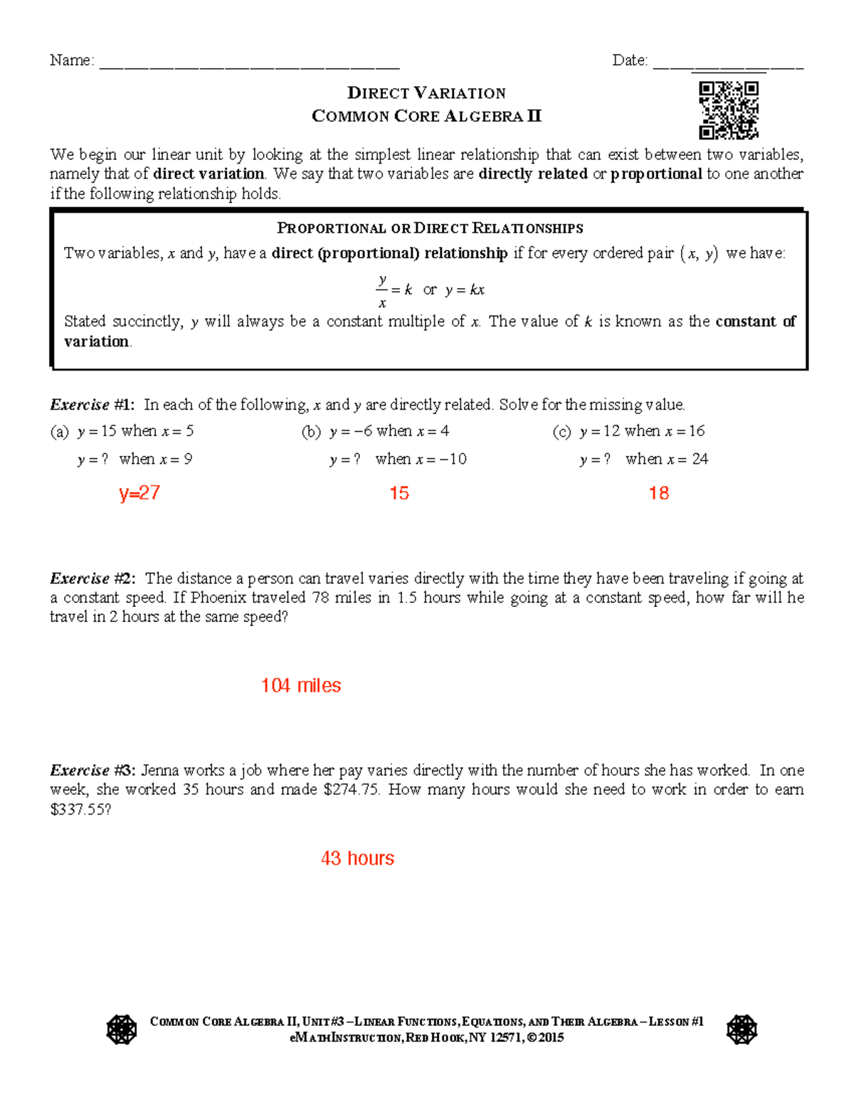 Direct Variation in Algebra II: Understanding Proportional ...
