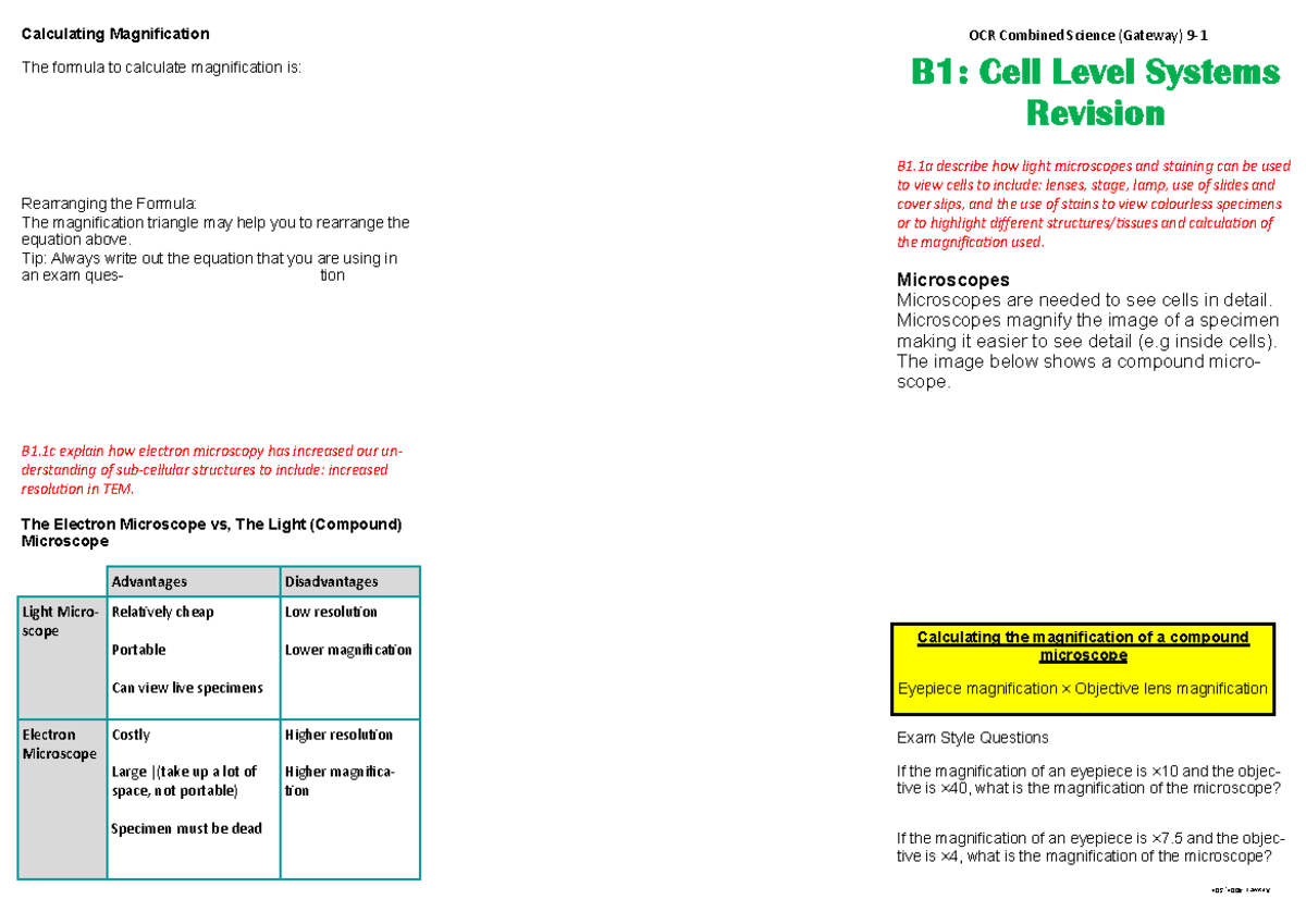 B1 Combined Science Revision: Cell Level Systems Concepts - Studocu