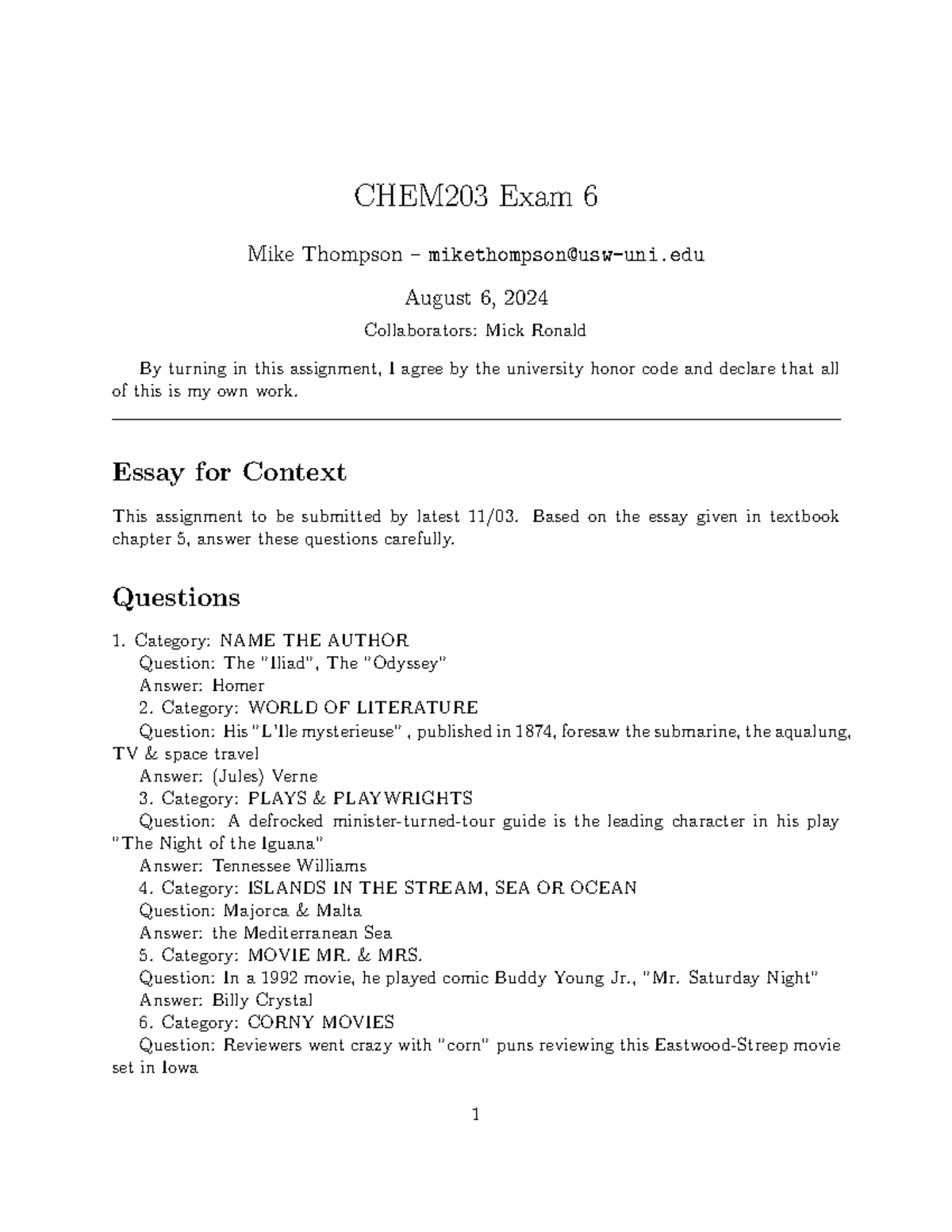 CHEM203 Exam 6 - Key Concepts in Organic Chemistry and Literature - Studocu
