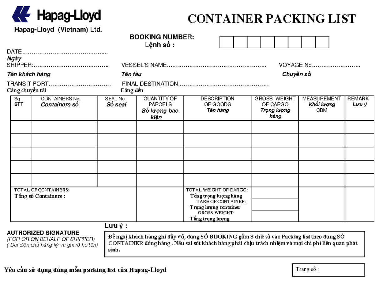 Seadragon Logistics - Container Packing List (Hapag Lloyd) - Studocu