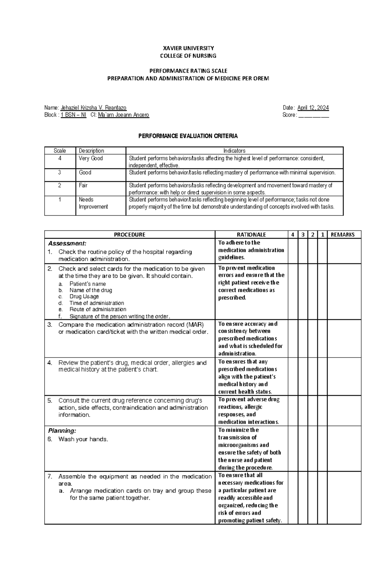 NCM-103 PRS-ORAL-MEDS Performance Rating Scale for Medication ...