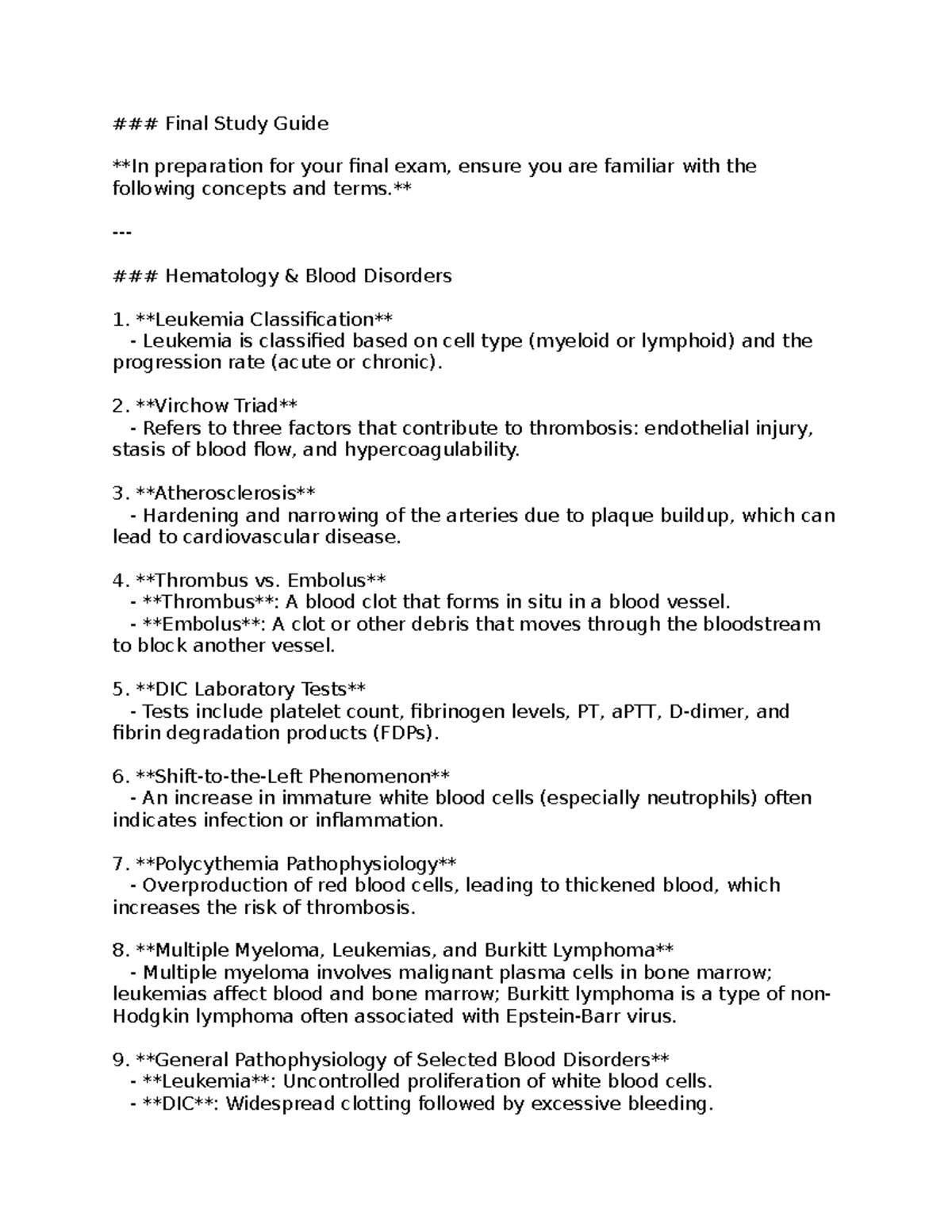 Final Study Guide for Hematology & Blood Disorders (Course Code: HEM101 ...