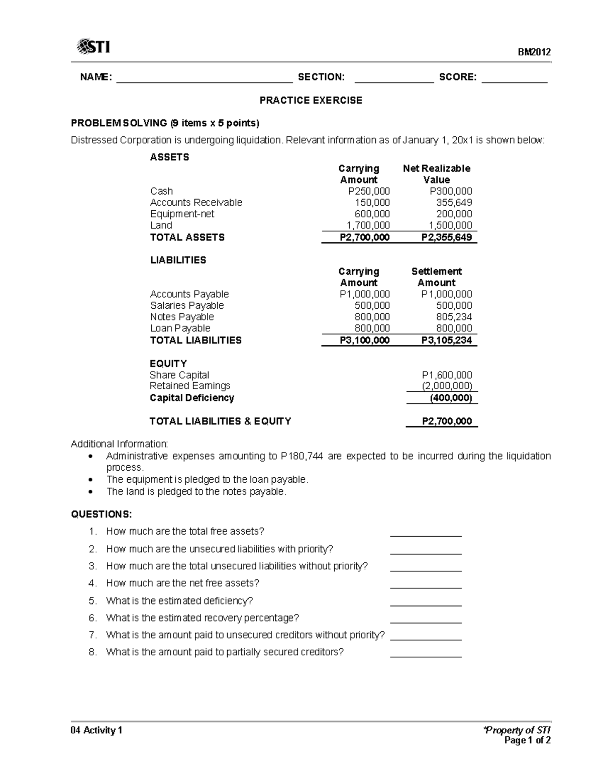 04 Activity 1 - Liquidation Problem Solving Exercise - Studocu