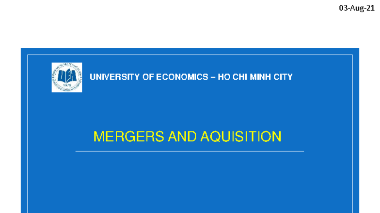 Lecture 29: Mergers and Acquisitions Overview - Studocu