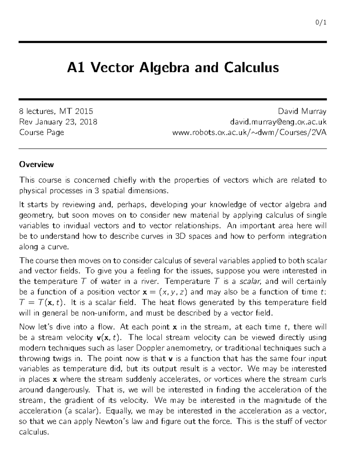 A1 Vector Algebra and Calculus: Lecture Notes Overview and Key Concepts ...