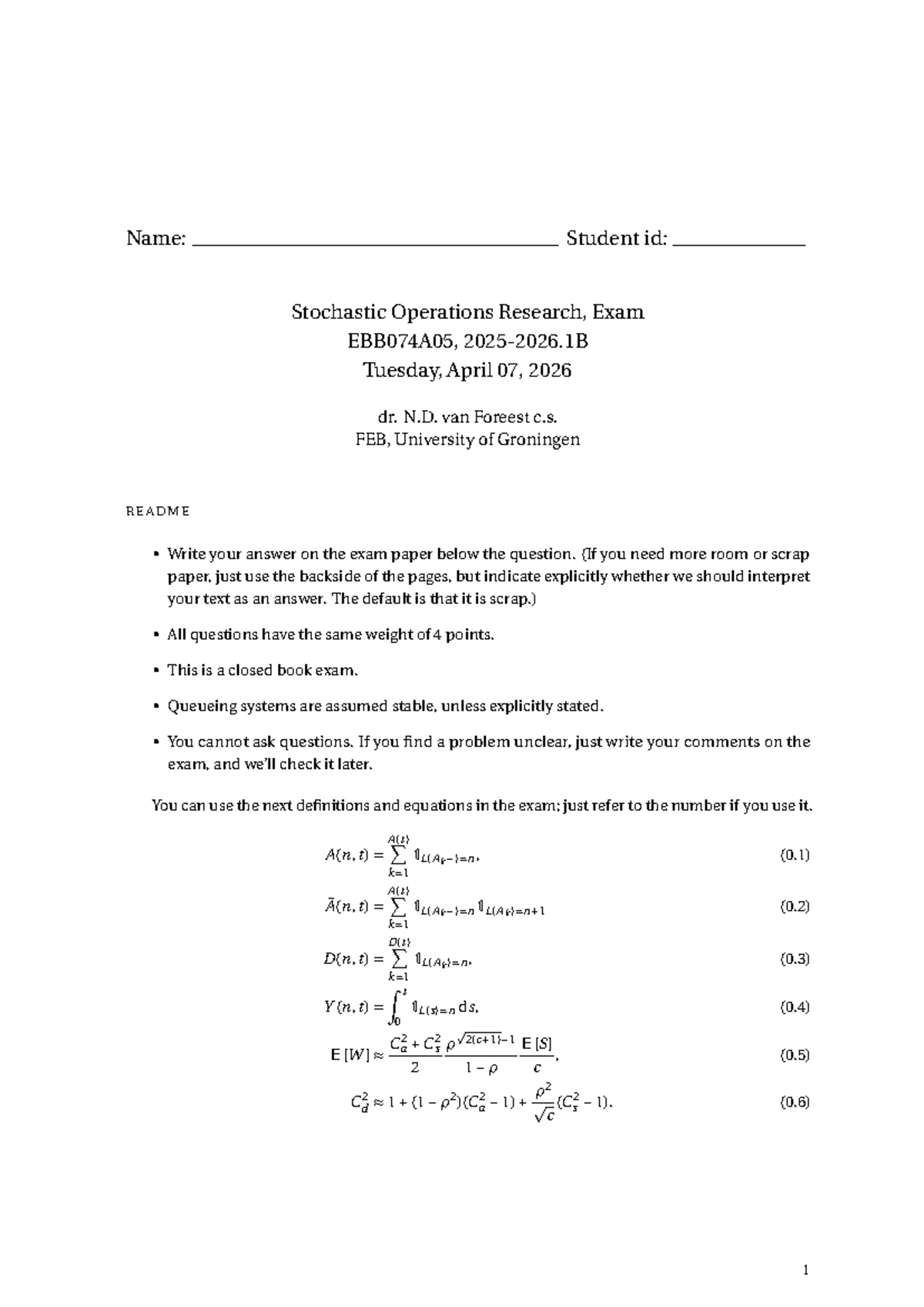 Mock Resit Exam for Stochastic Operations Research EBB074A05 - Studeersnel