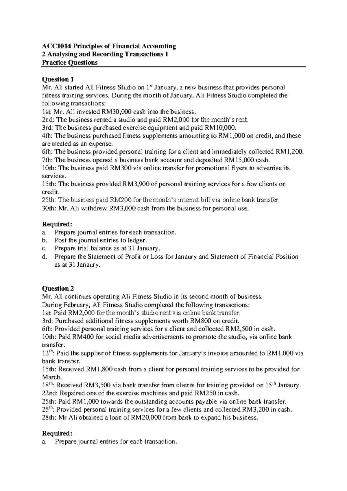 ACC1014 Principles of Financial Accounting 2 Practice Questions on ...
