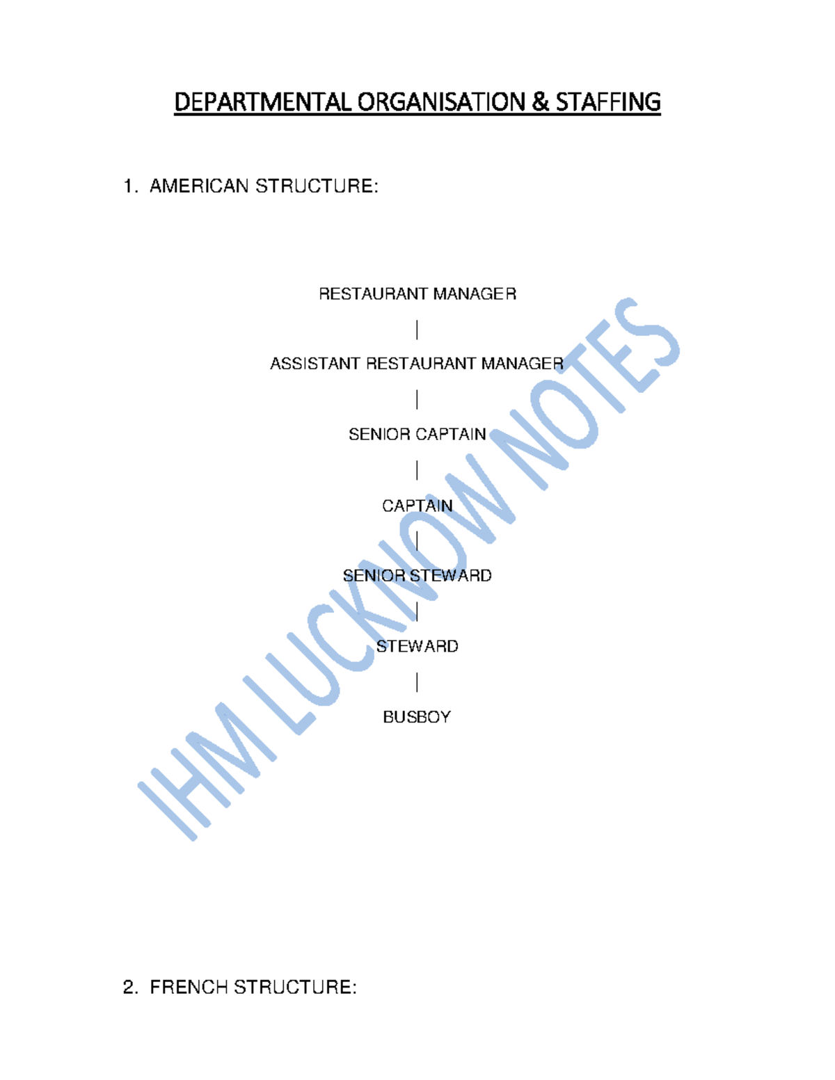 Departmental Organization & Staffing in Hospitality Management - Studocu