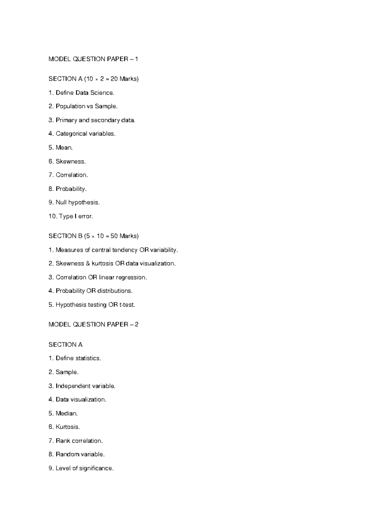 Model Question Paper 1 & 2 for DS - Data Structures - Studocu