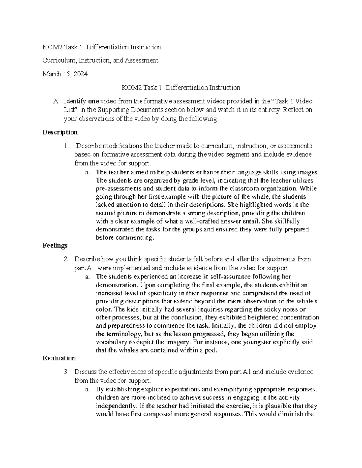 KOM2 Task 1: Reflective Analysis on Differentiating Instruction - Studocu