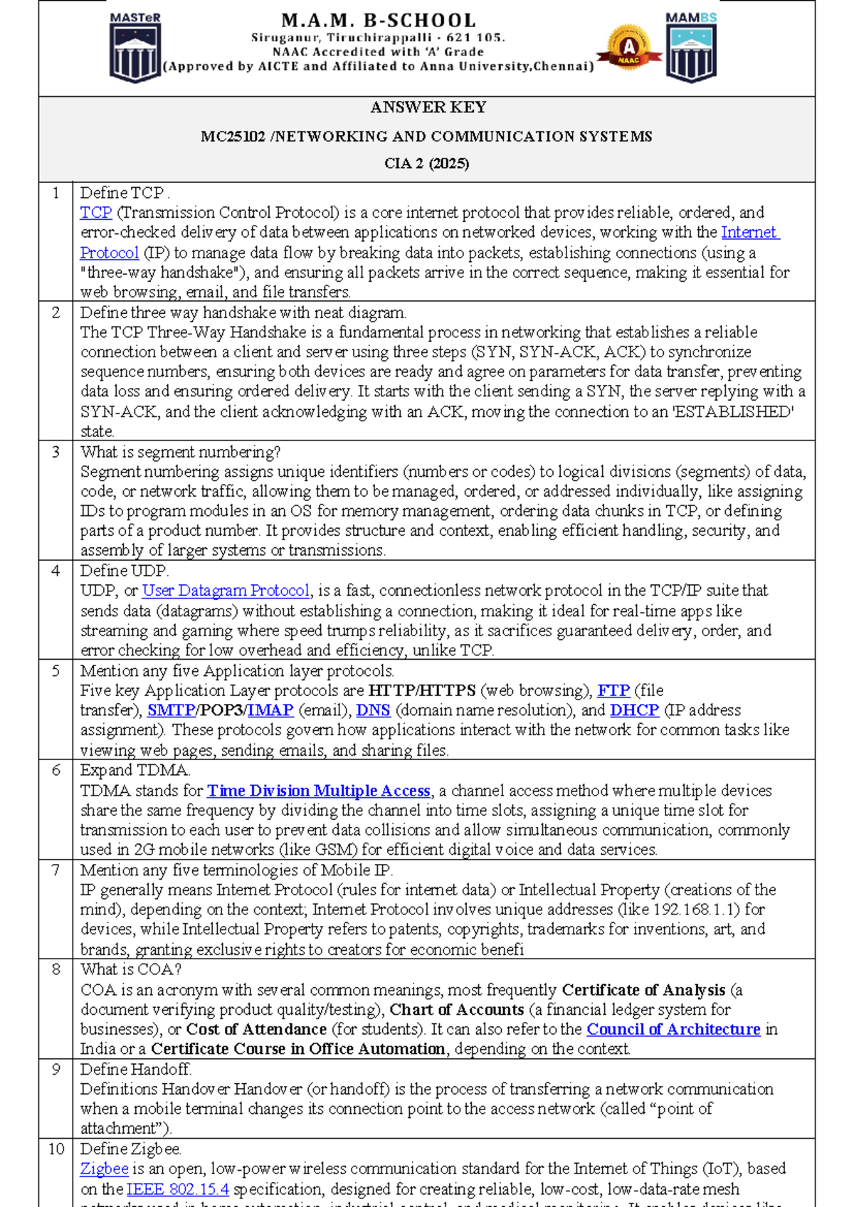 MC25102 Communication Systems CIA 2 Answer Key (2025) - Studocu