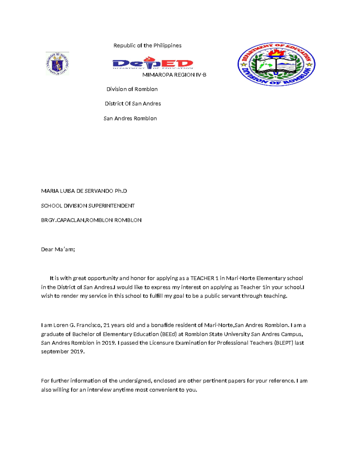 Lorenapplication - Sample of application letter - Republic of the ...