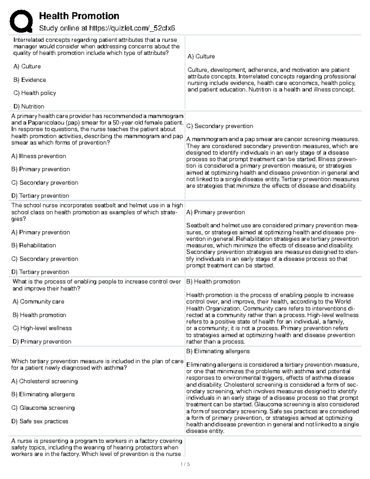 Health Promotion Study Quiz 3: Patient Attributes & Prevention Levels ...