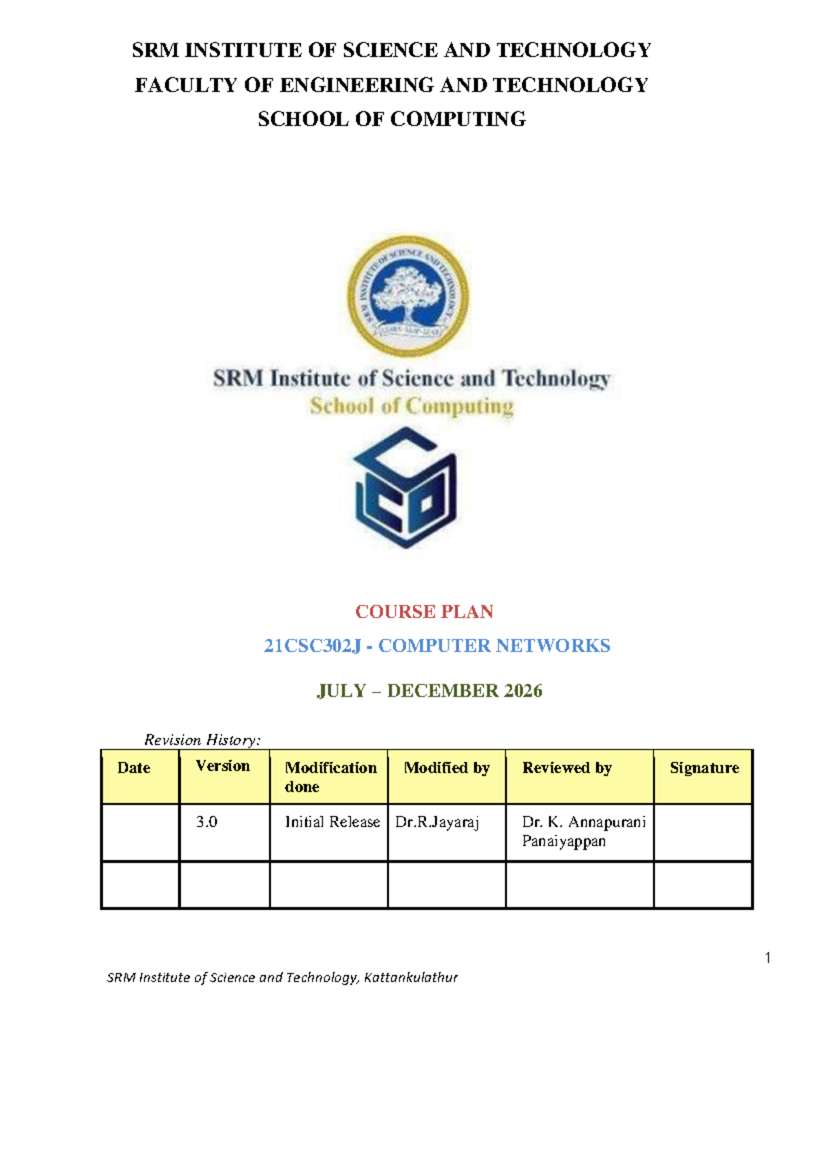 Course Plan for 21CSC302J: Computer Networks (July-Dec 2026) - Studocu