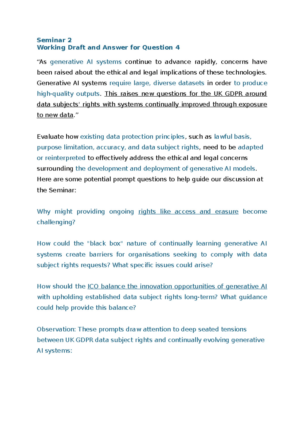 Seminar 2: Working Draft Response to Question 4 on AI Ethics & UK GDPR ...