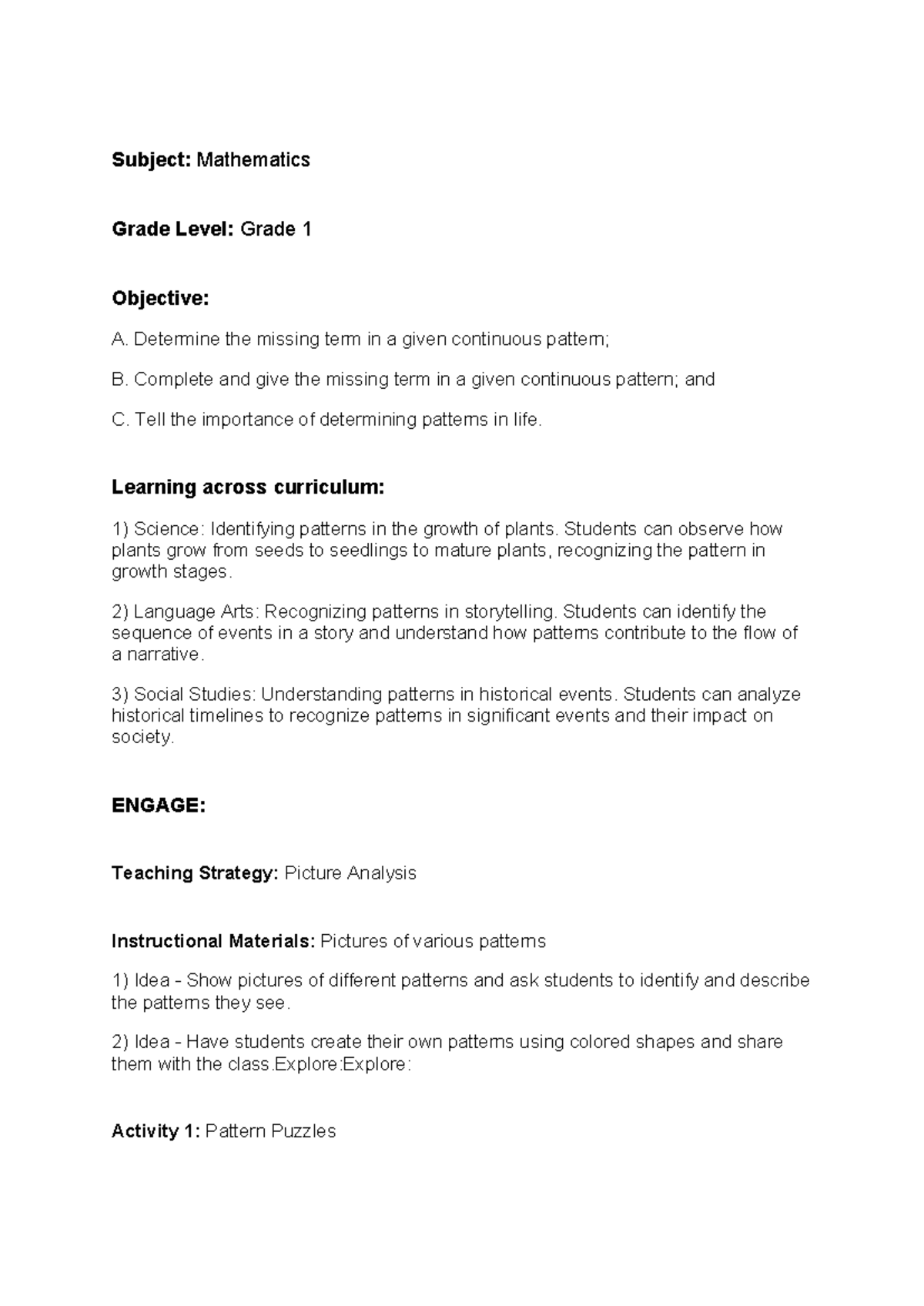 Mathematics Lesson Plan for Grade 1: Exploring Patterns - Studocu