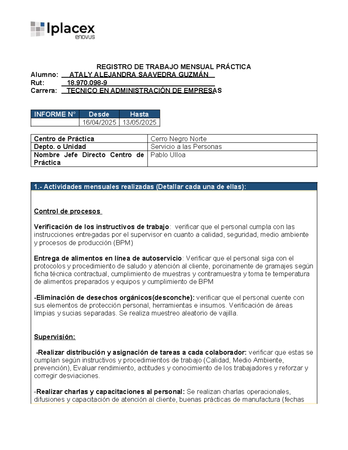 Registro de Trabajo Mensual Práctica Ataly Saavedra 16-04-2025 a 13-05 ...