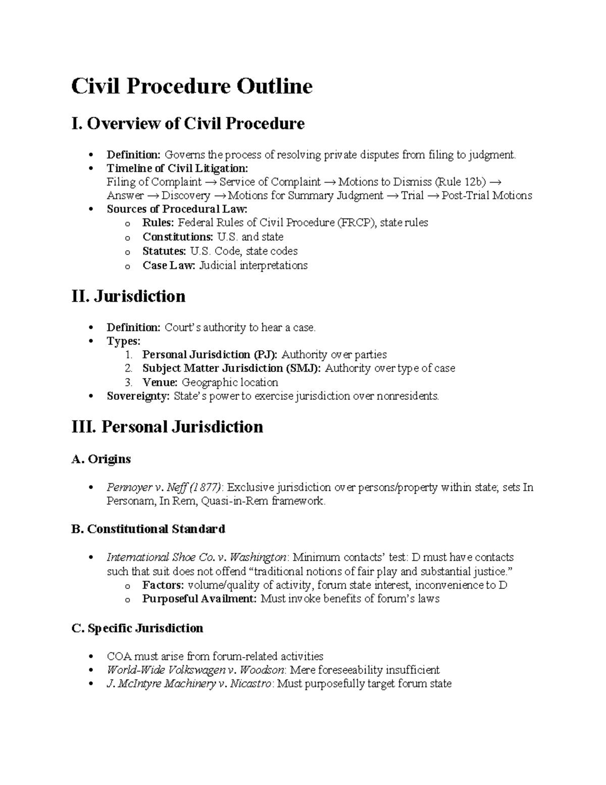 Civil Procedure Outline: Key Concepts and Jurisdiction (CIV 101) - Studocu