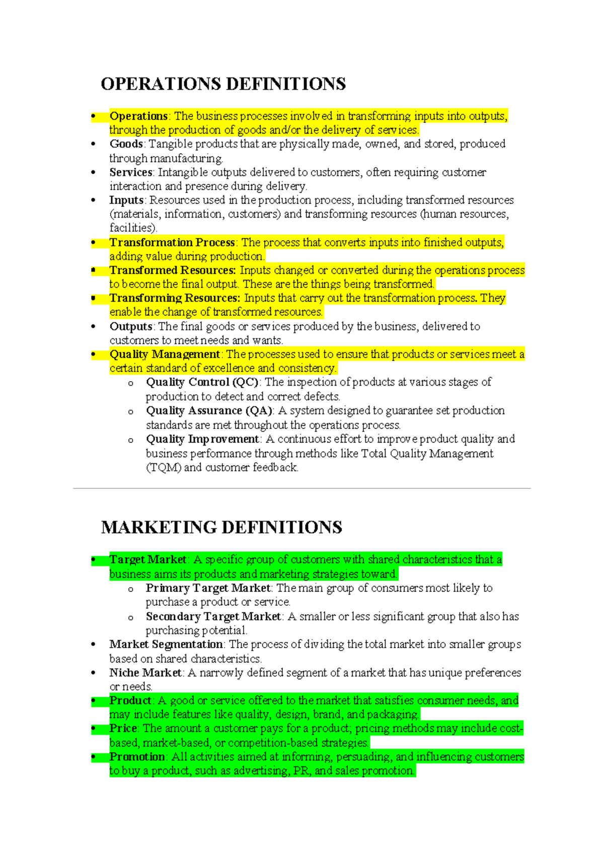 Definitions of Key Concepts in Operations, Marketing, Finance, and HR ...