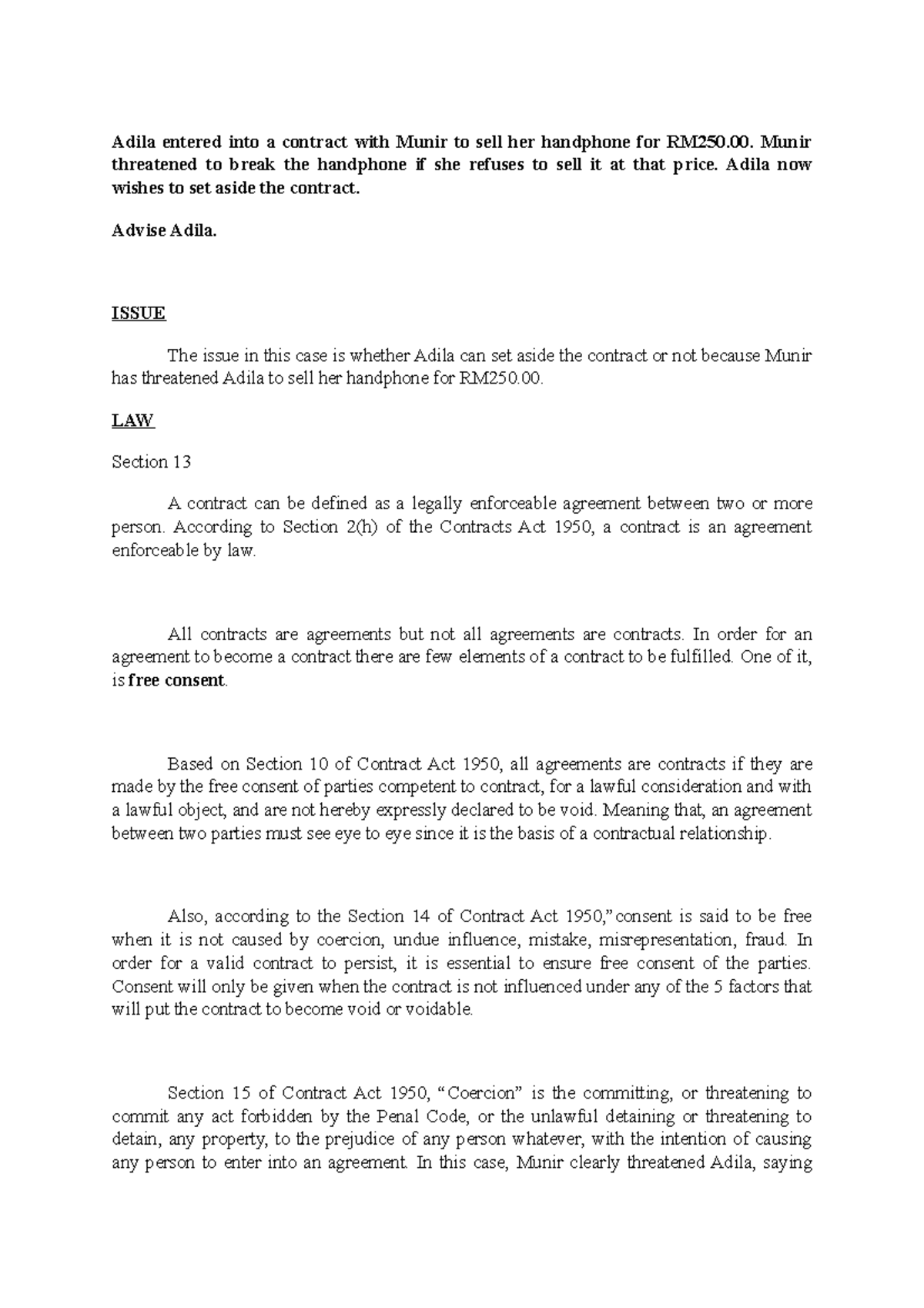 Law of Contract - ILAC Case Analysis on Coercion and Consent - Studocu