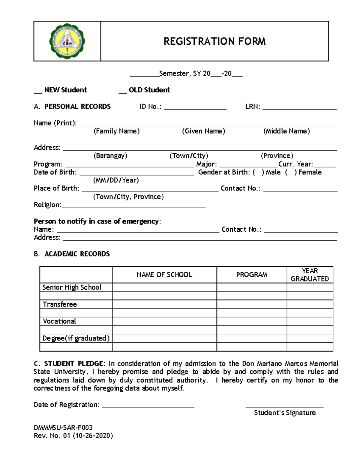 SAR F003 Registration Form for New & Old Students - Studocu