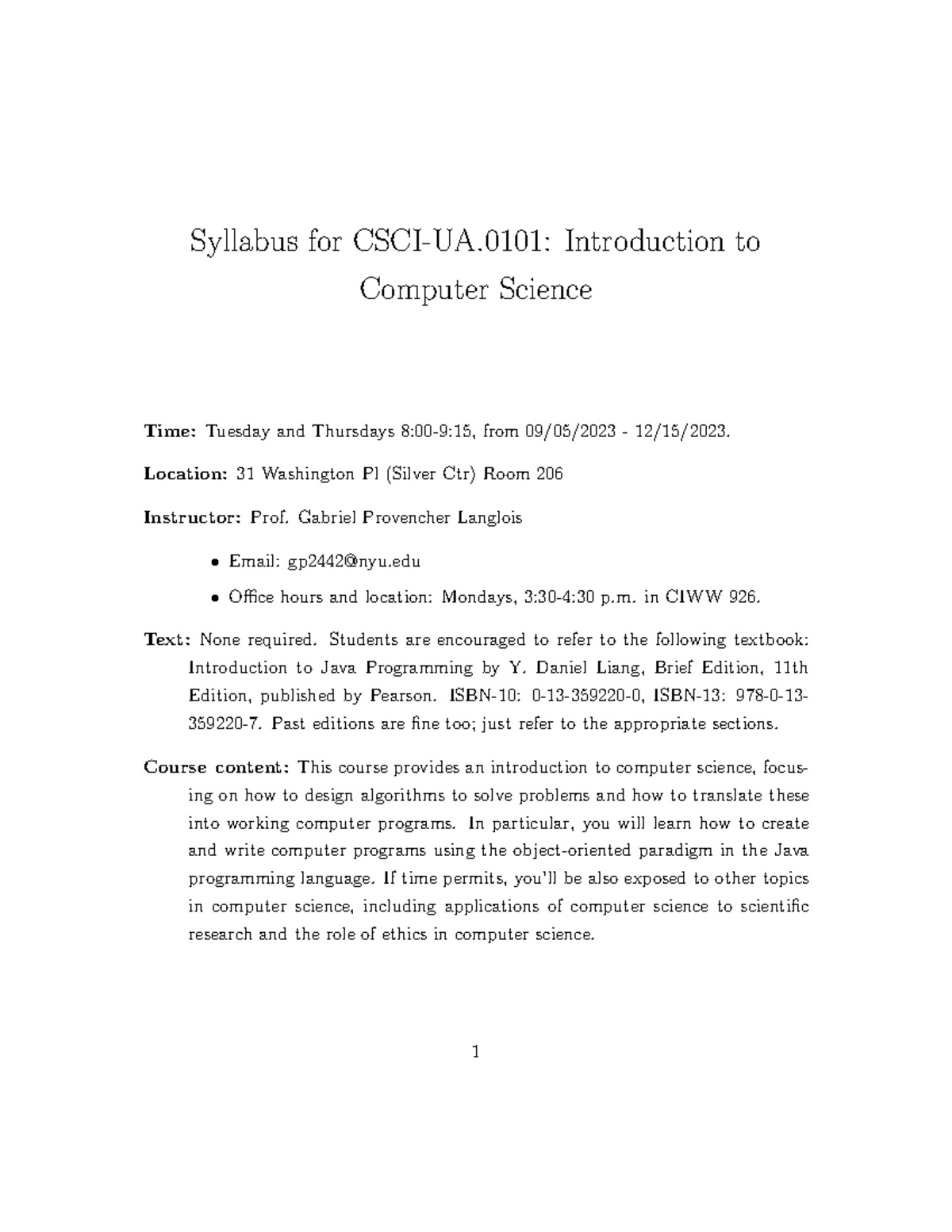CSCI-UA.0101: Intro to Computer Science Syllabus Fall 2023 - Studocu