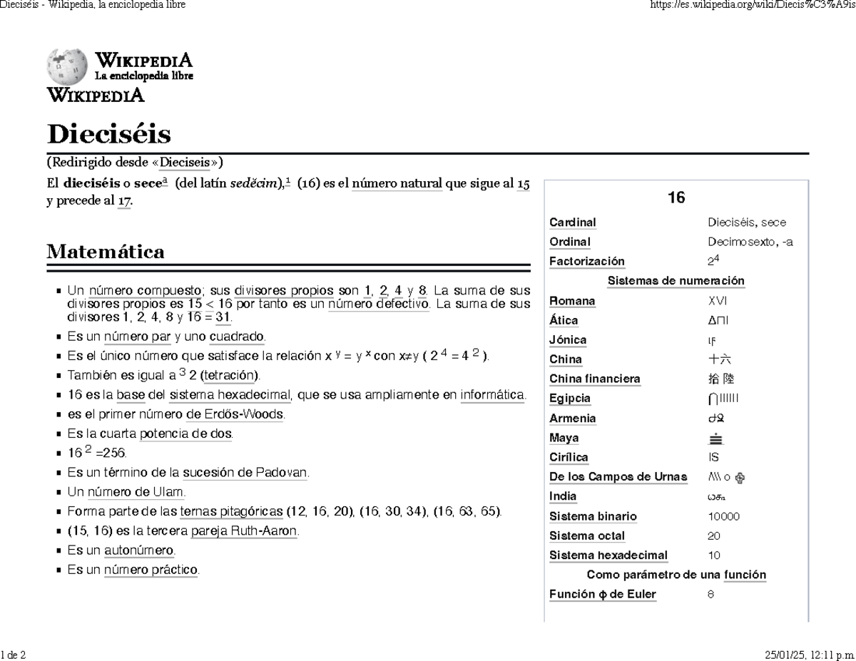 Dieciséis - Wikipedia, la enciclopedia libre - 16 Cardinal Dieciséis ...