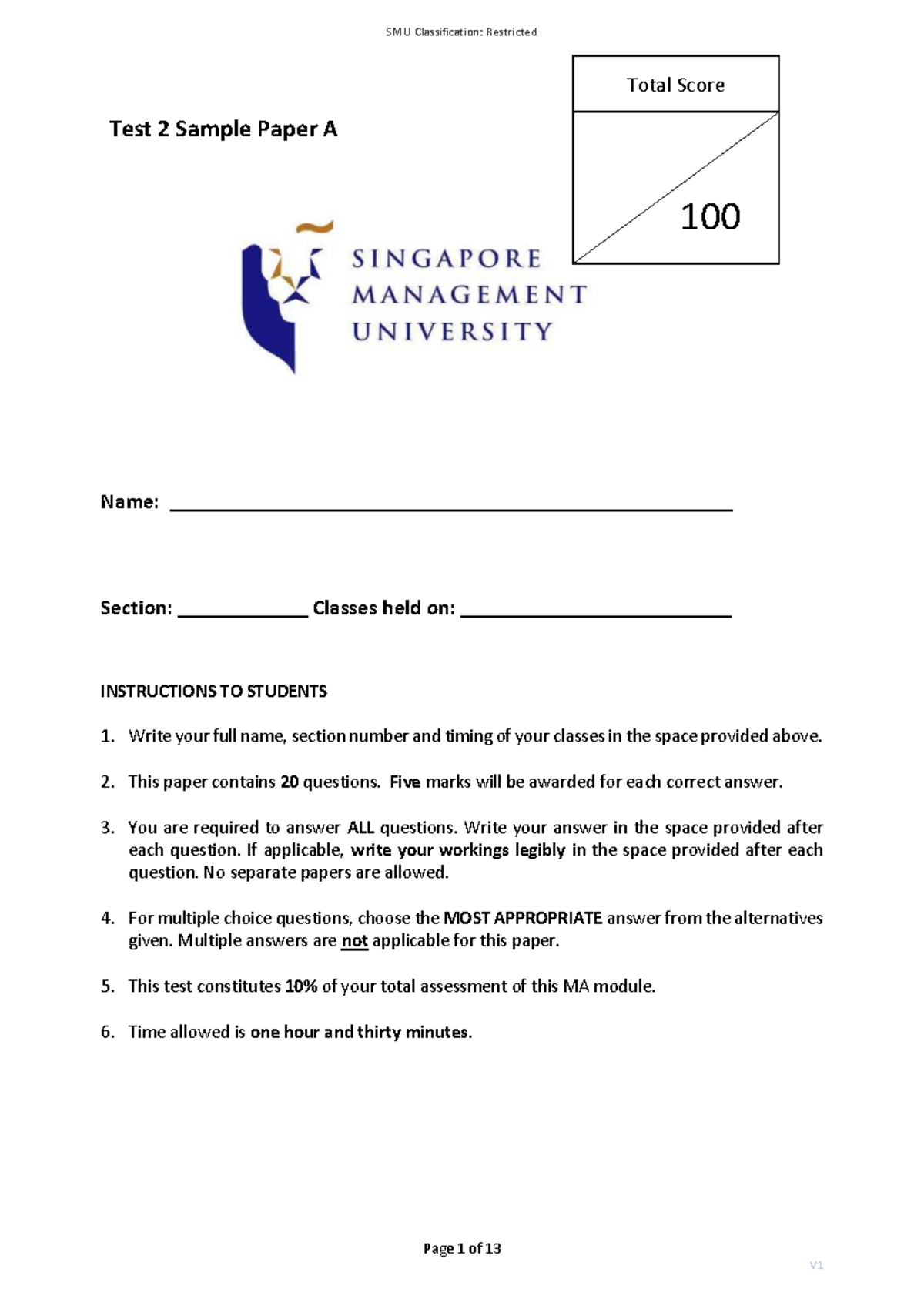 Test 2 Sample Paper A - MA Course Assessment (Total 100 Marks) - Studocu