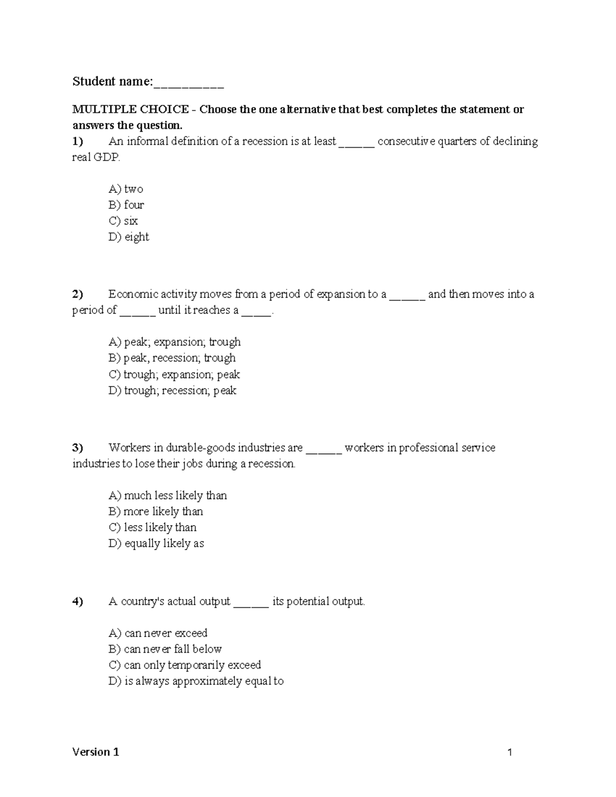 Chapter 12 Quiz (Version 1) - Economics Multiple Choice Questions - Studocu