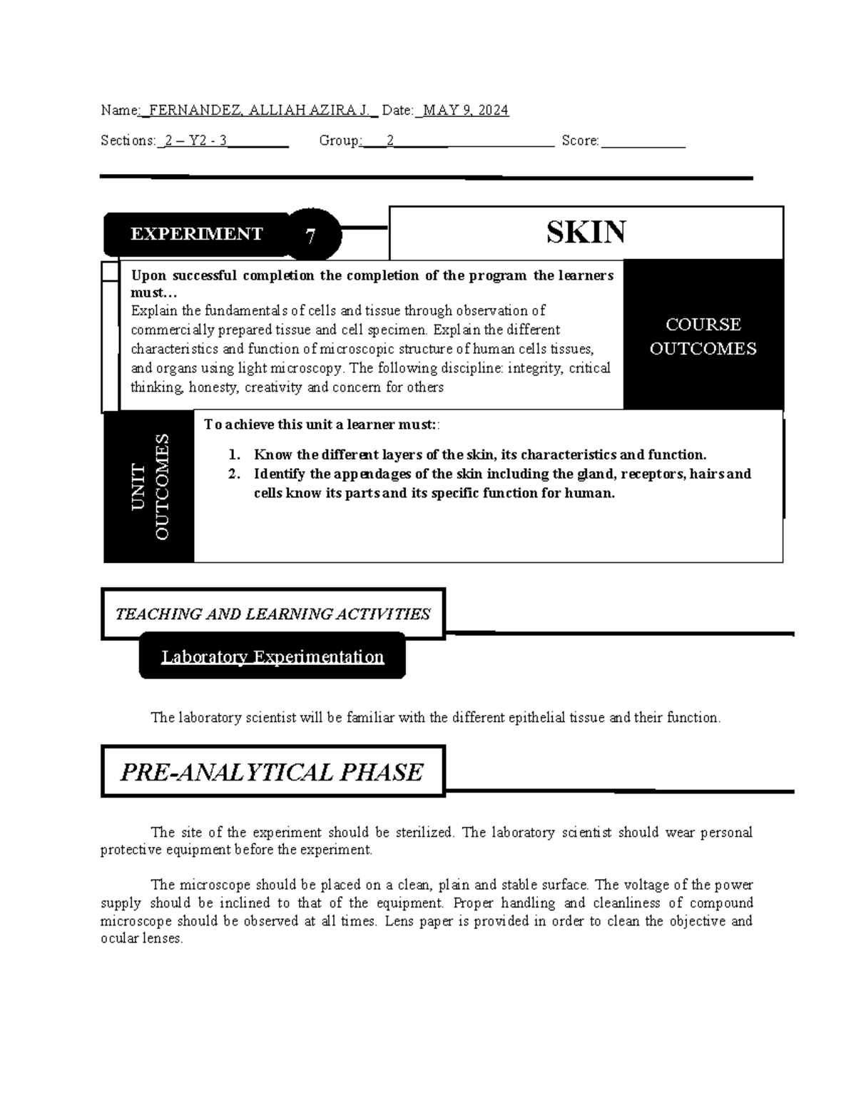 Skin Laboratory - Name:FERNANDEZ, ALLIAH AZIRA J. Date:_MAY 9, 2024 ...