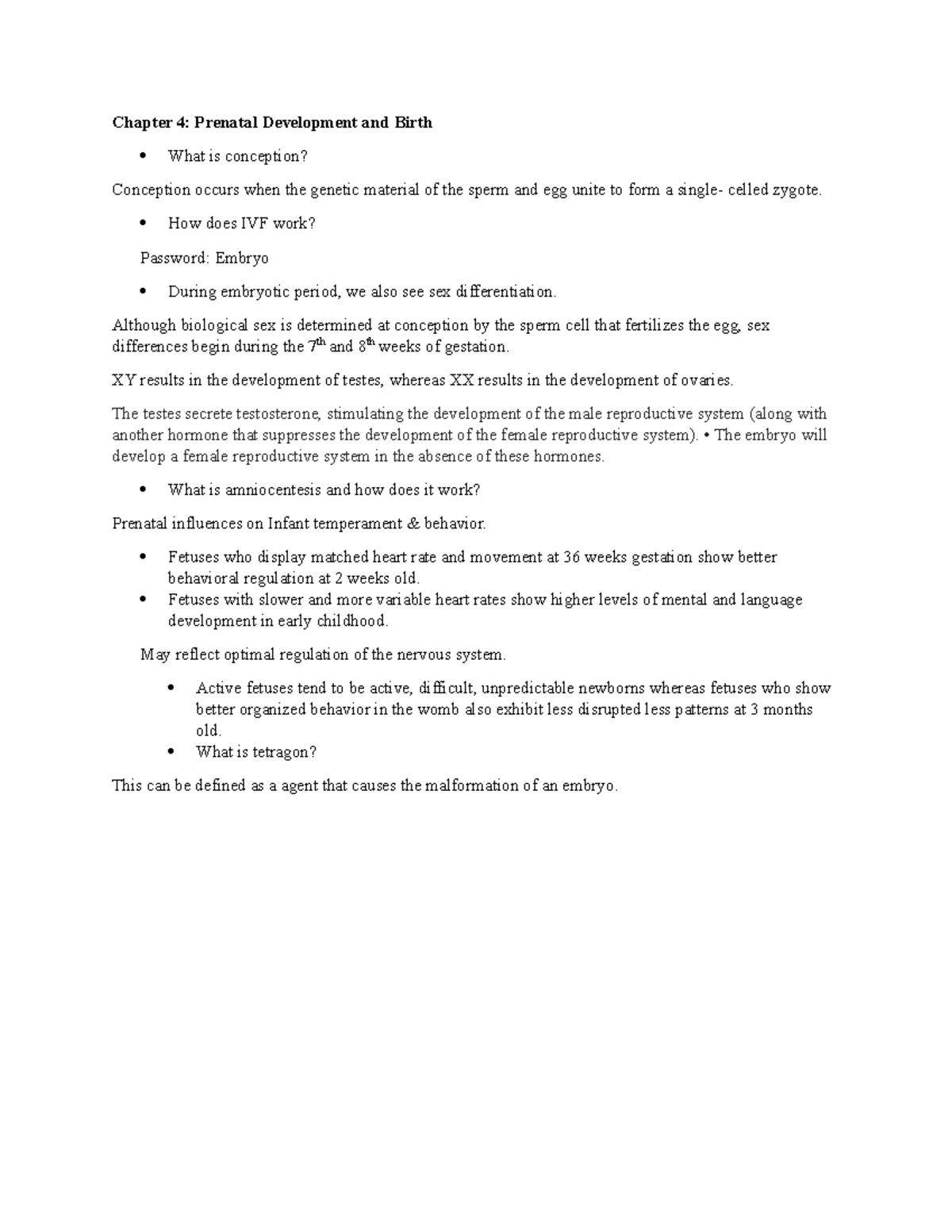 Chapter 4 - Call by Professor hemenover. - Chapter 4: Prenatal ...