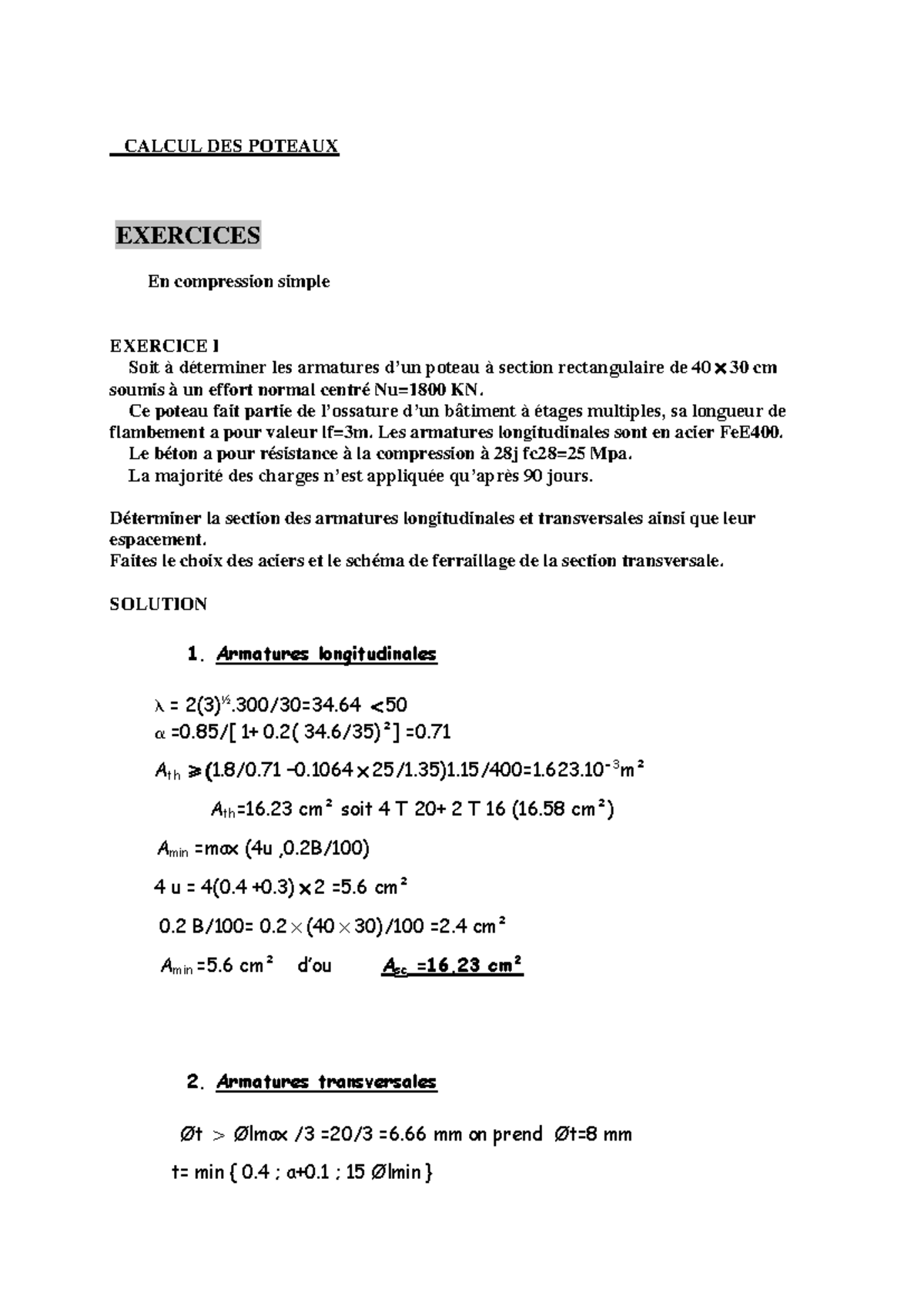BAEL TDB - BAEL - CALCUL DES POTEAUX EXERCICES En compression simple ...