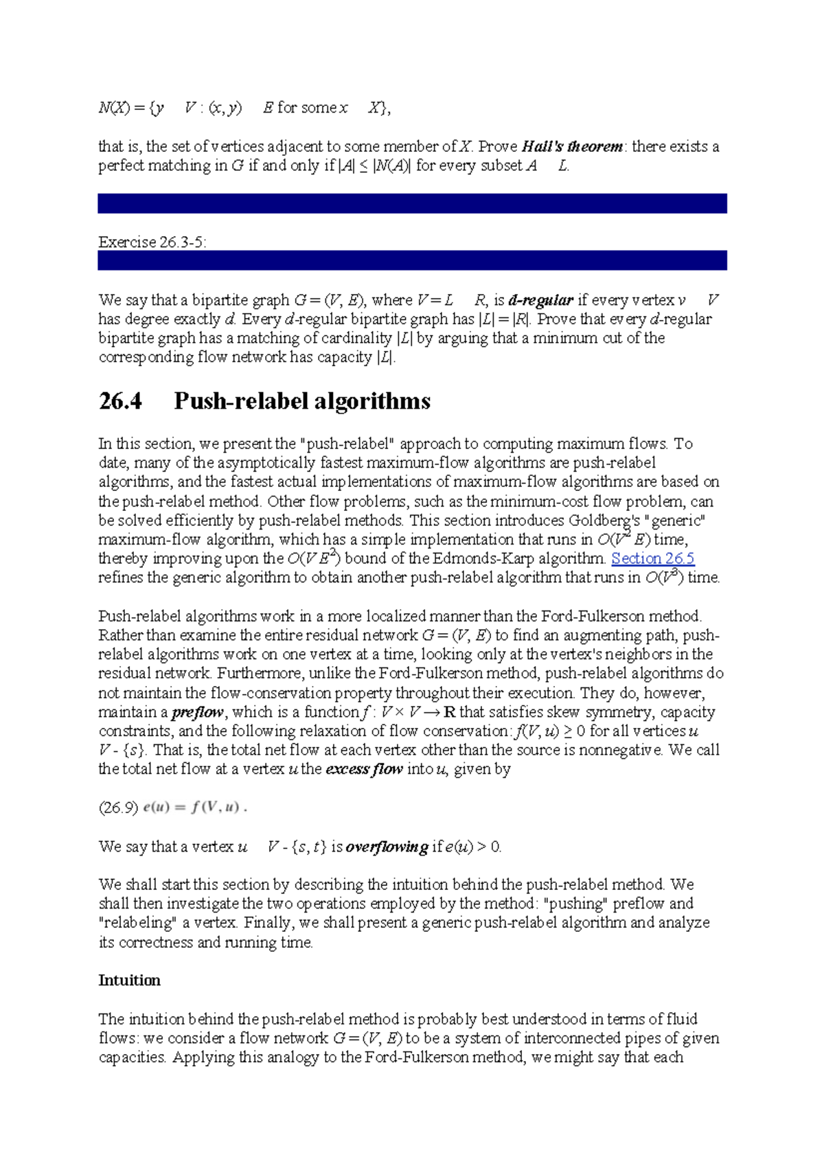 Algorithm PART 6 Maximum FLOW - Chapter 26 - N(X) = {y V : (x, y) E for ...