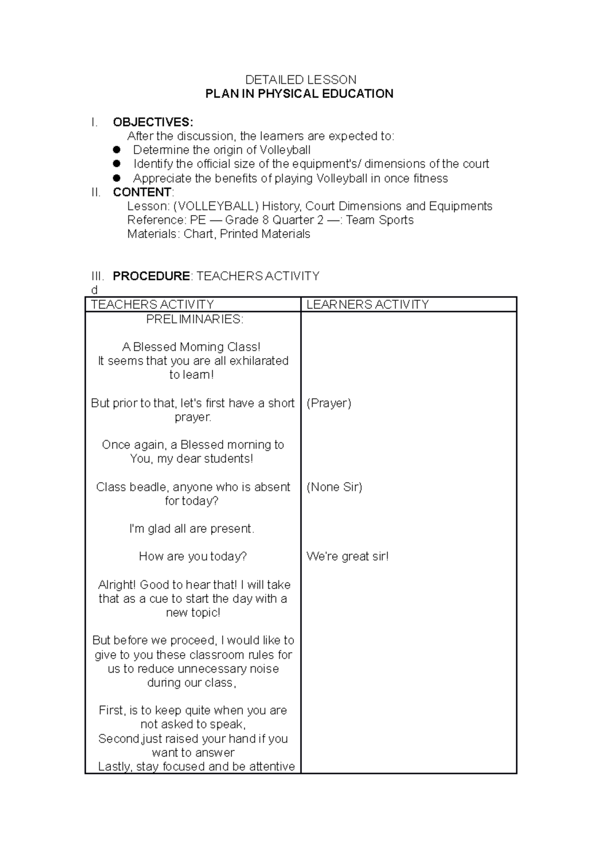 DLP PE Grade 8 Lesson Plan: Volleyball History & Court Dimensions - Studocu