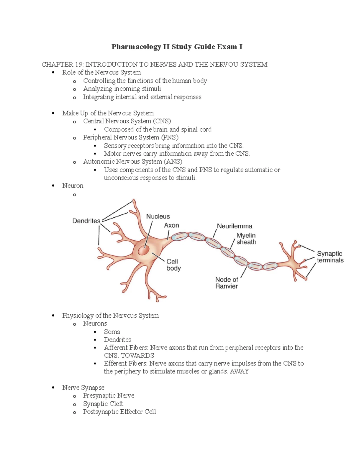 Pharmacology II: Week 1 Notes on Nervous System Functions and Drugs ...