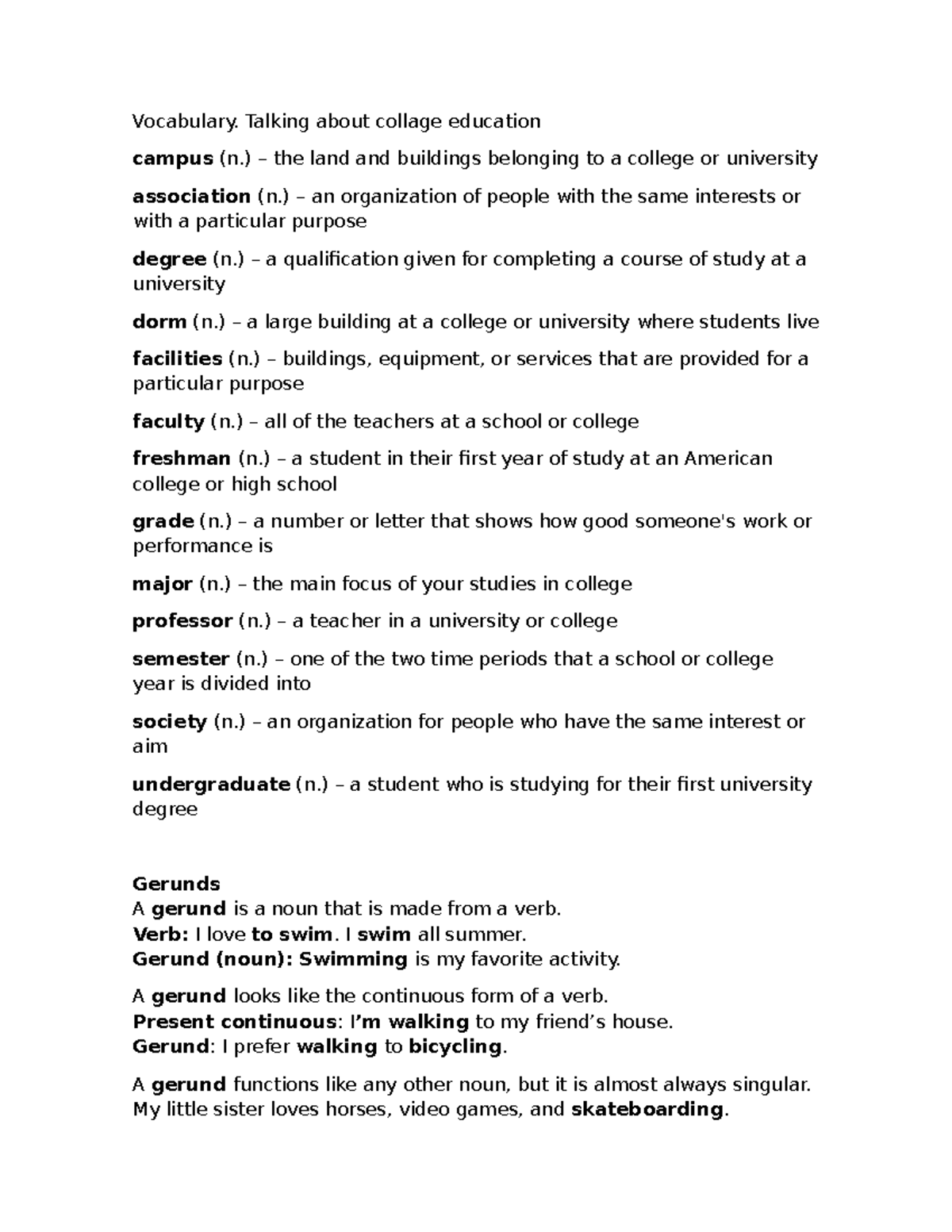 Vocabulary: Key Terms in College Education and Gerunds - Studocu