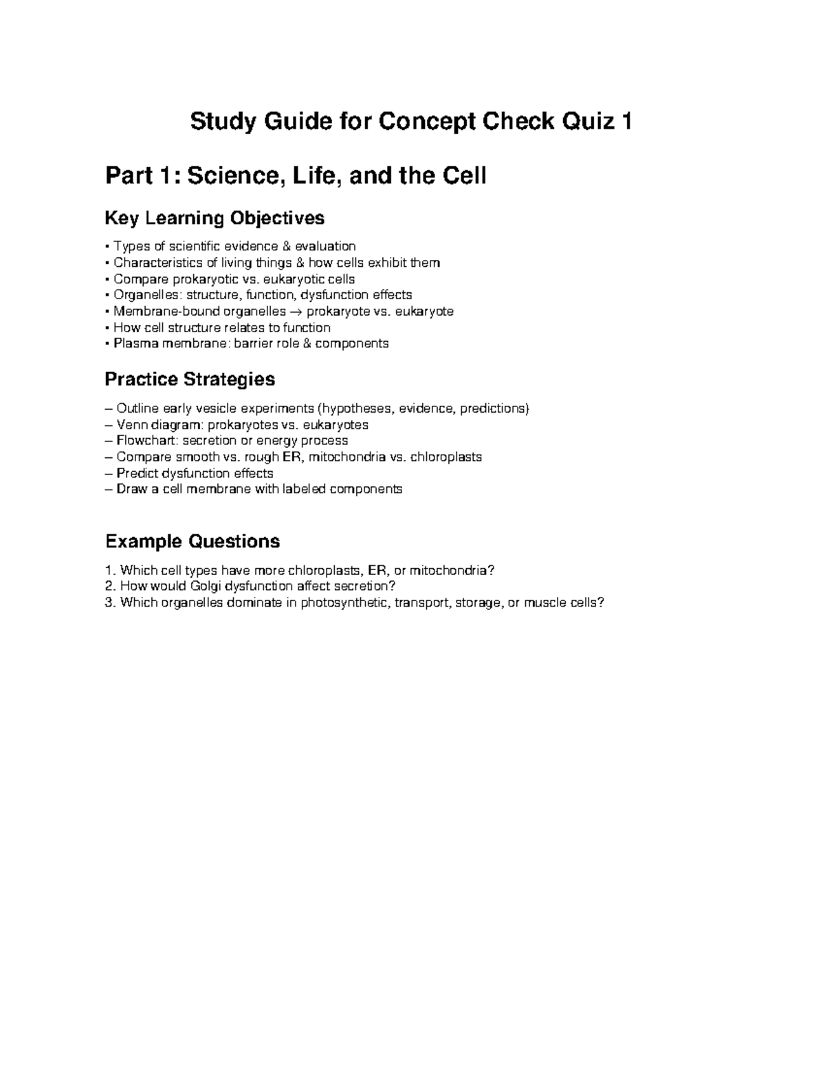Study Guide for Concept Check Quiz 1: Science, Life, and Cells - Studocu