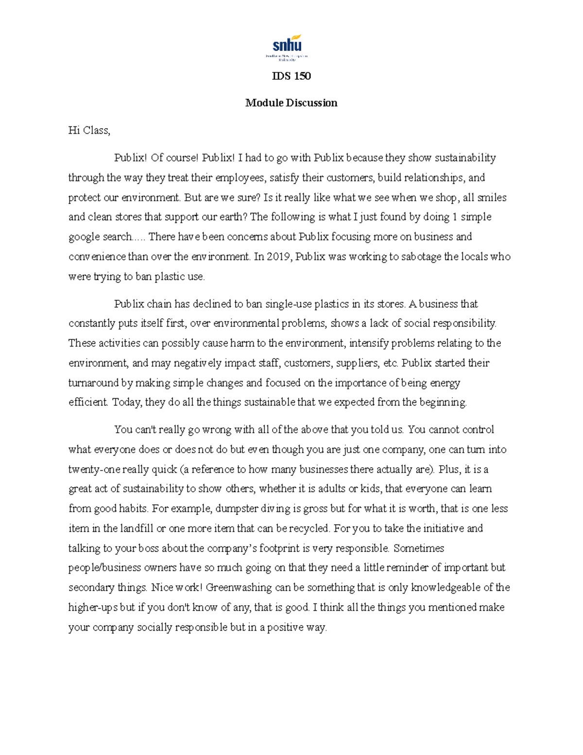 IDS 150 Short Paper: Personal Perspectives on Sustainability - Studocu